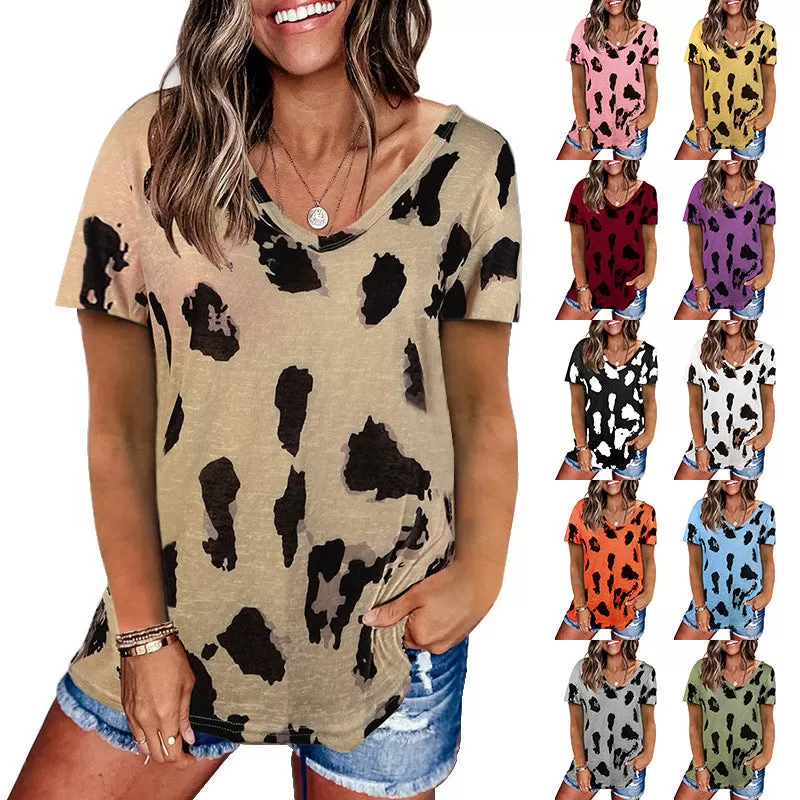 Haute Edition V-Neck Women's Leopard Print Summer CasualTopTee