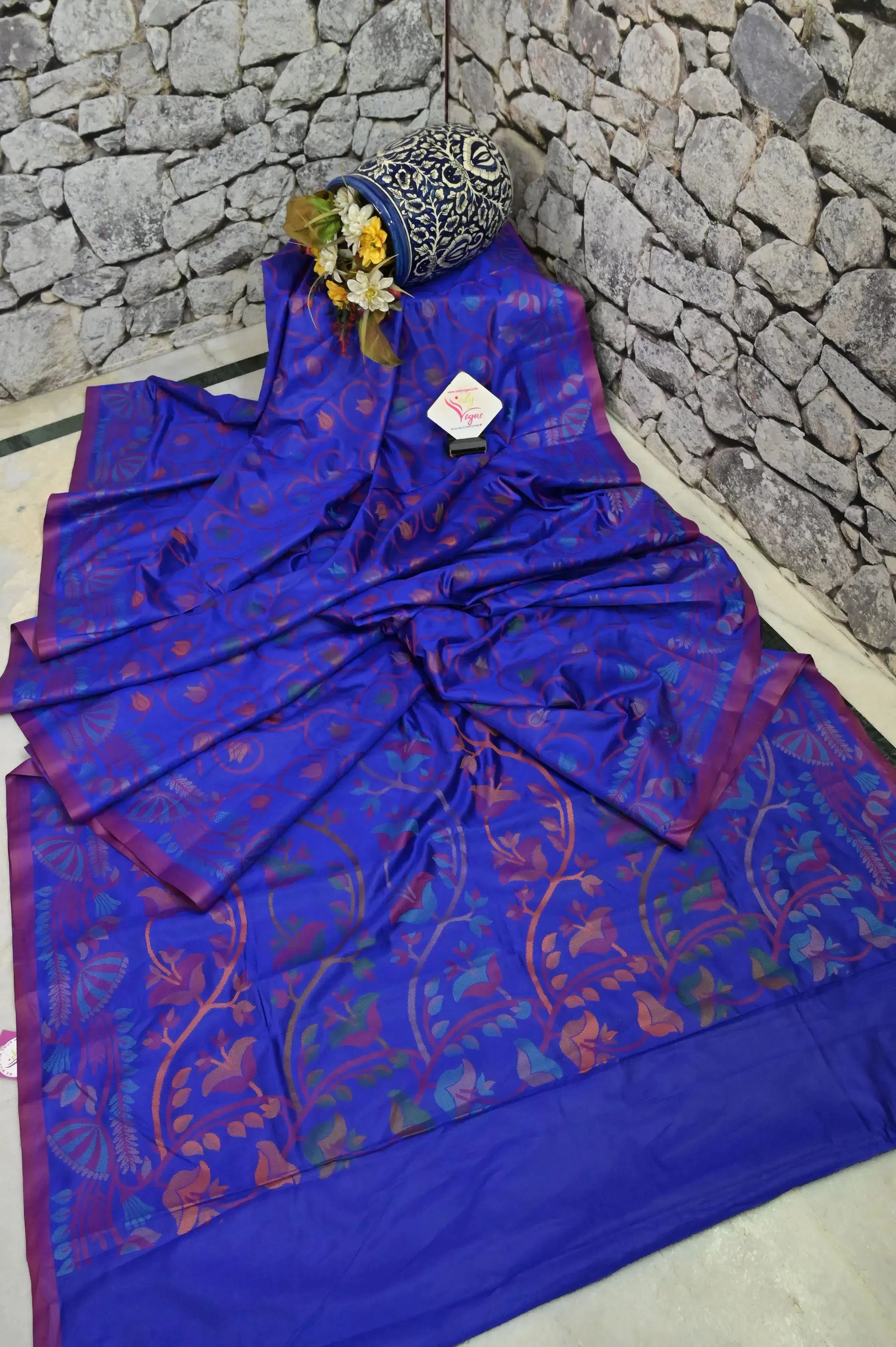 Indigo Blue Color Bangalore Silk Saree with Allover Jamdani Weaving