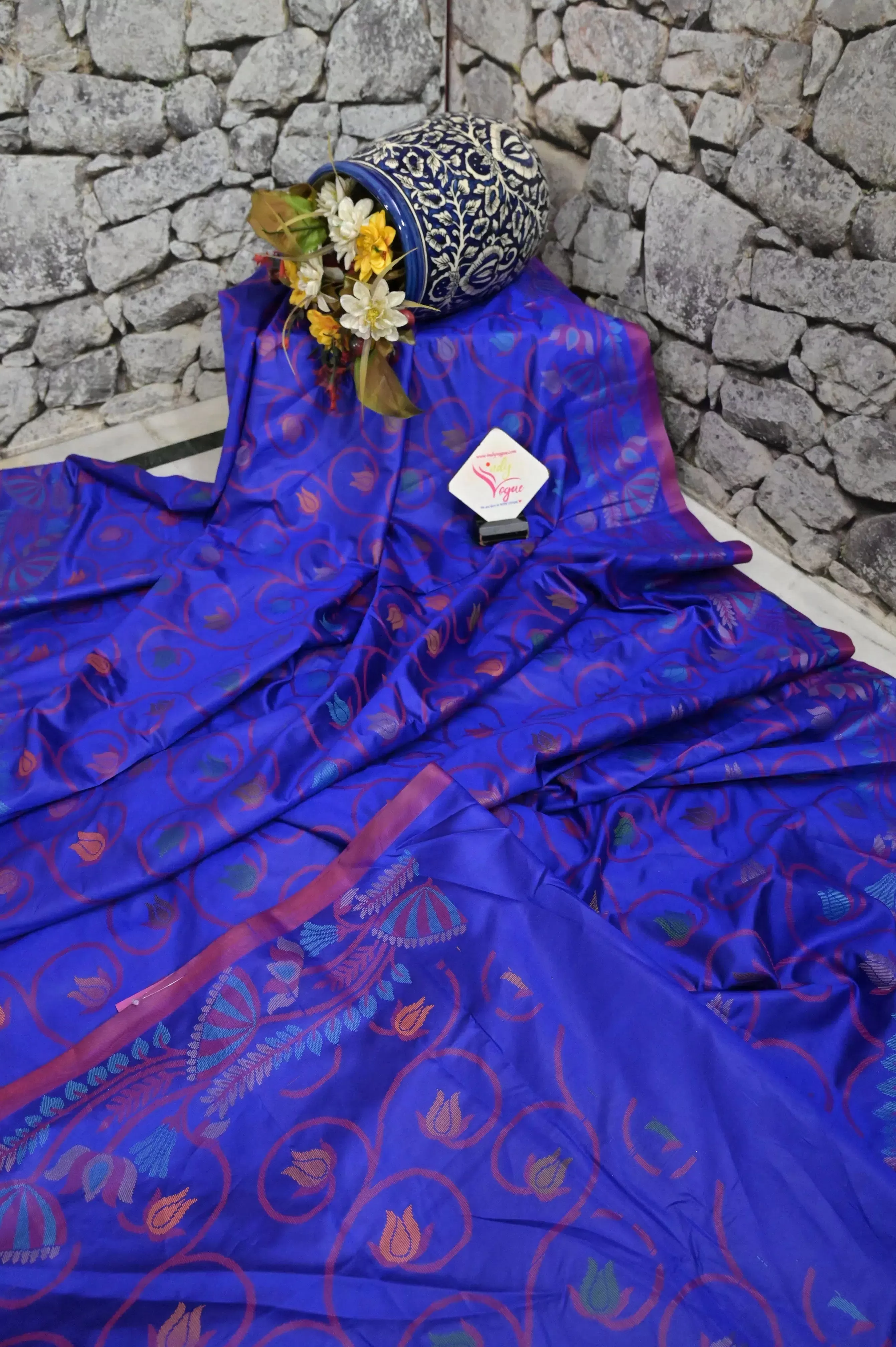 Indigo Blue Color Bangalore Silk Saree with Allover Jamdani Weaving