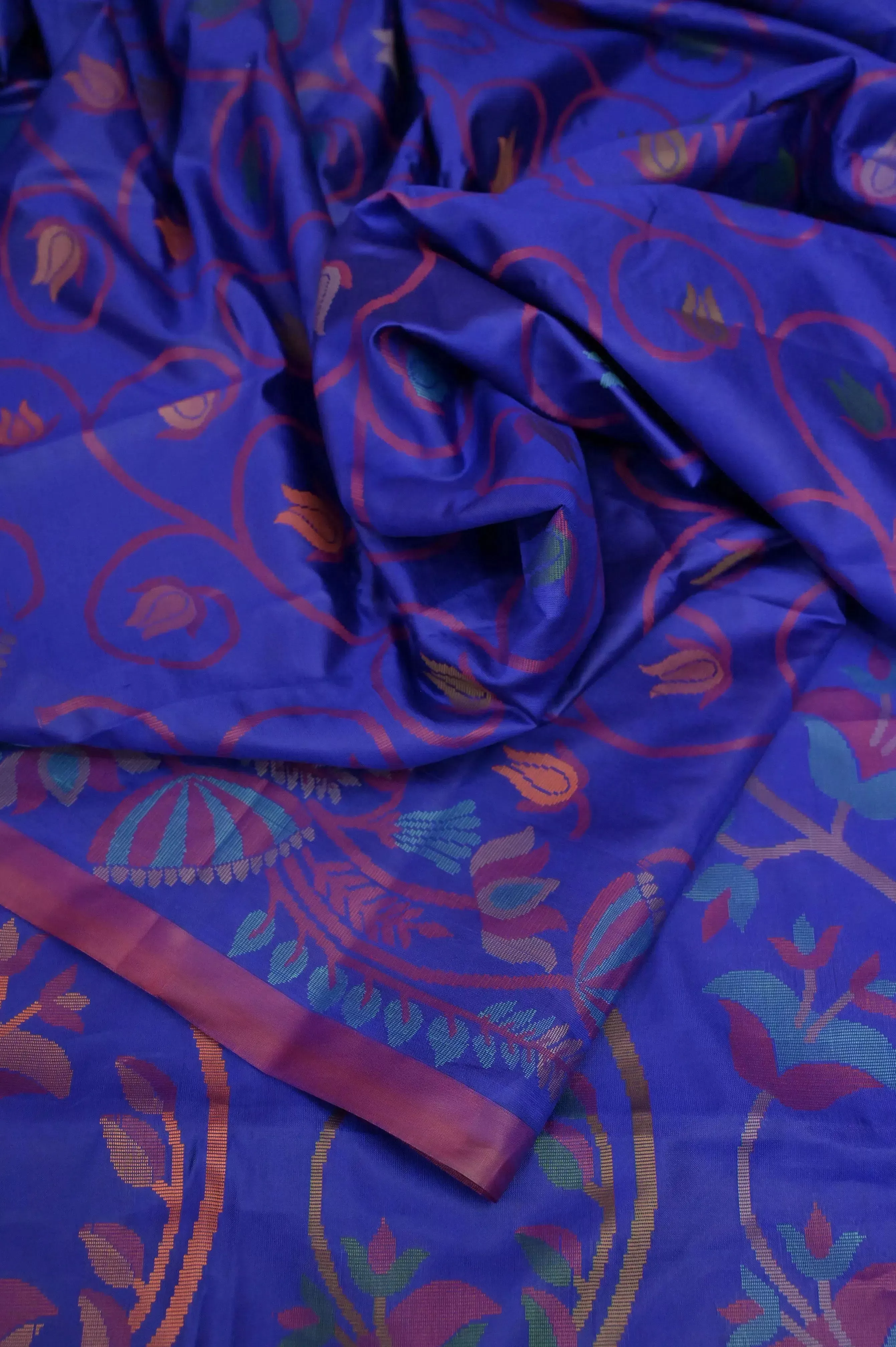 Indigo Blue Color Bangalore Silk Saree with Allover Jamdani Weaving