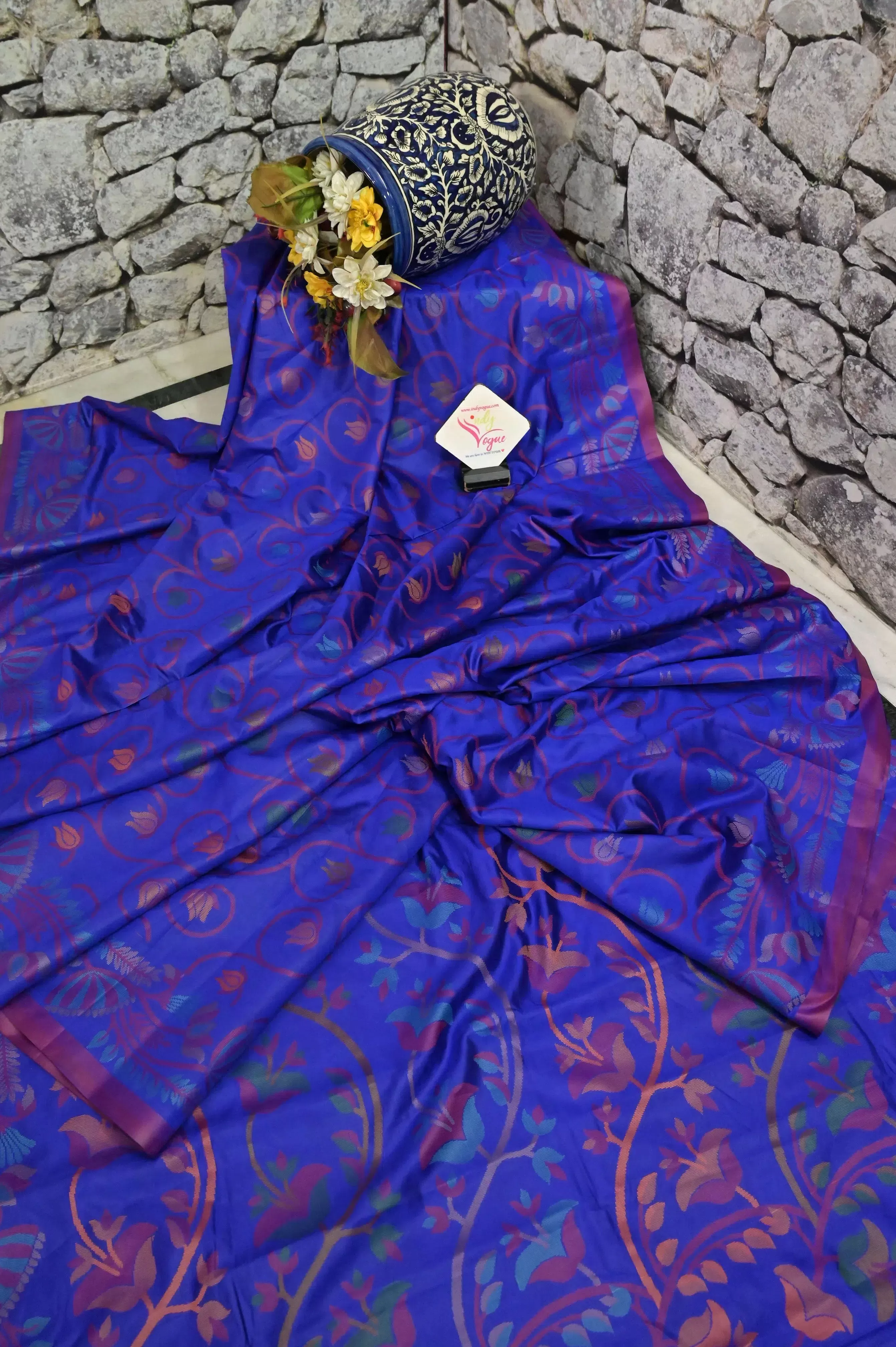 Indigo Blue Color Bangalore Silk Saree with Allover Jamdani Weaving