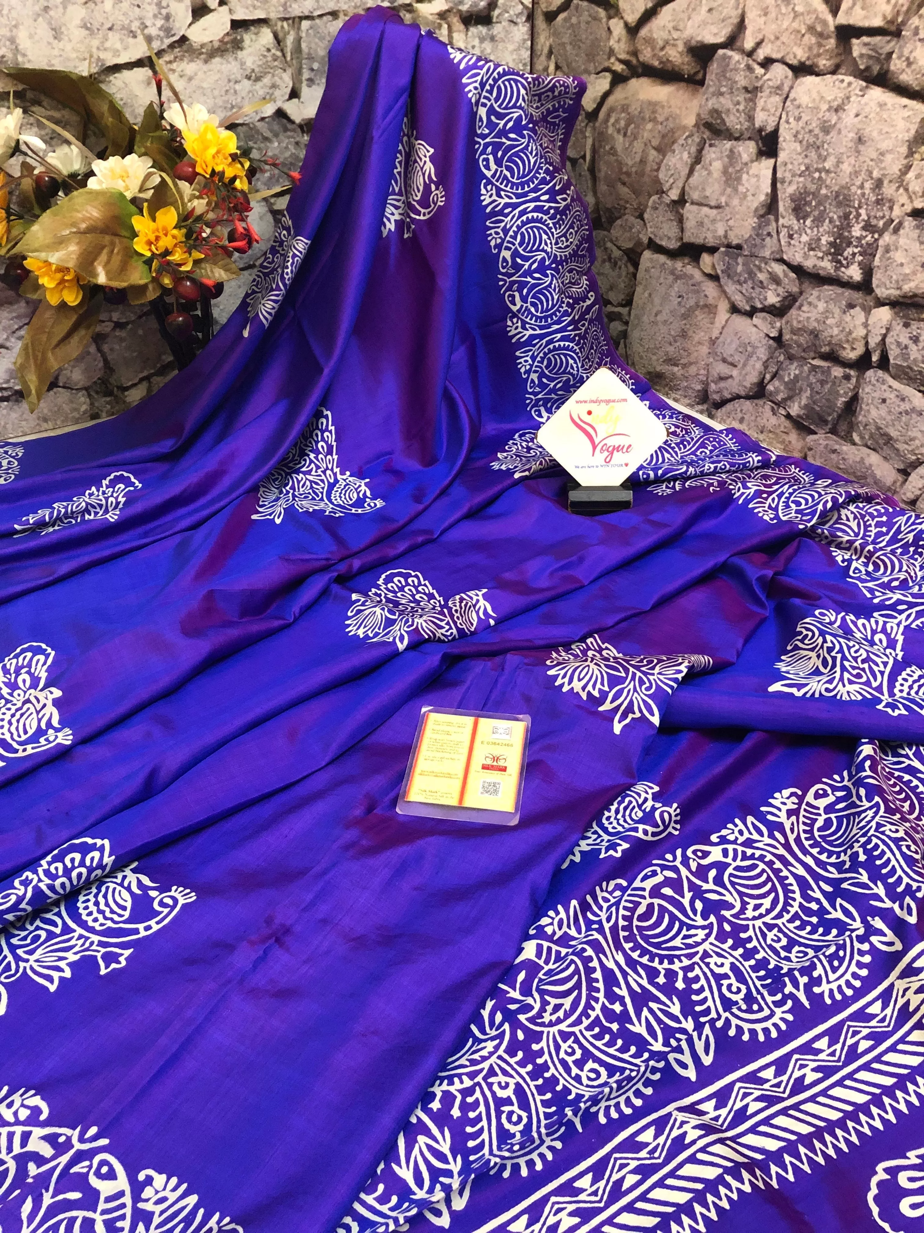 Indigo Blue Color Bishnupuri Katan Silk Saree with Block Print