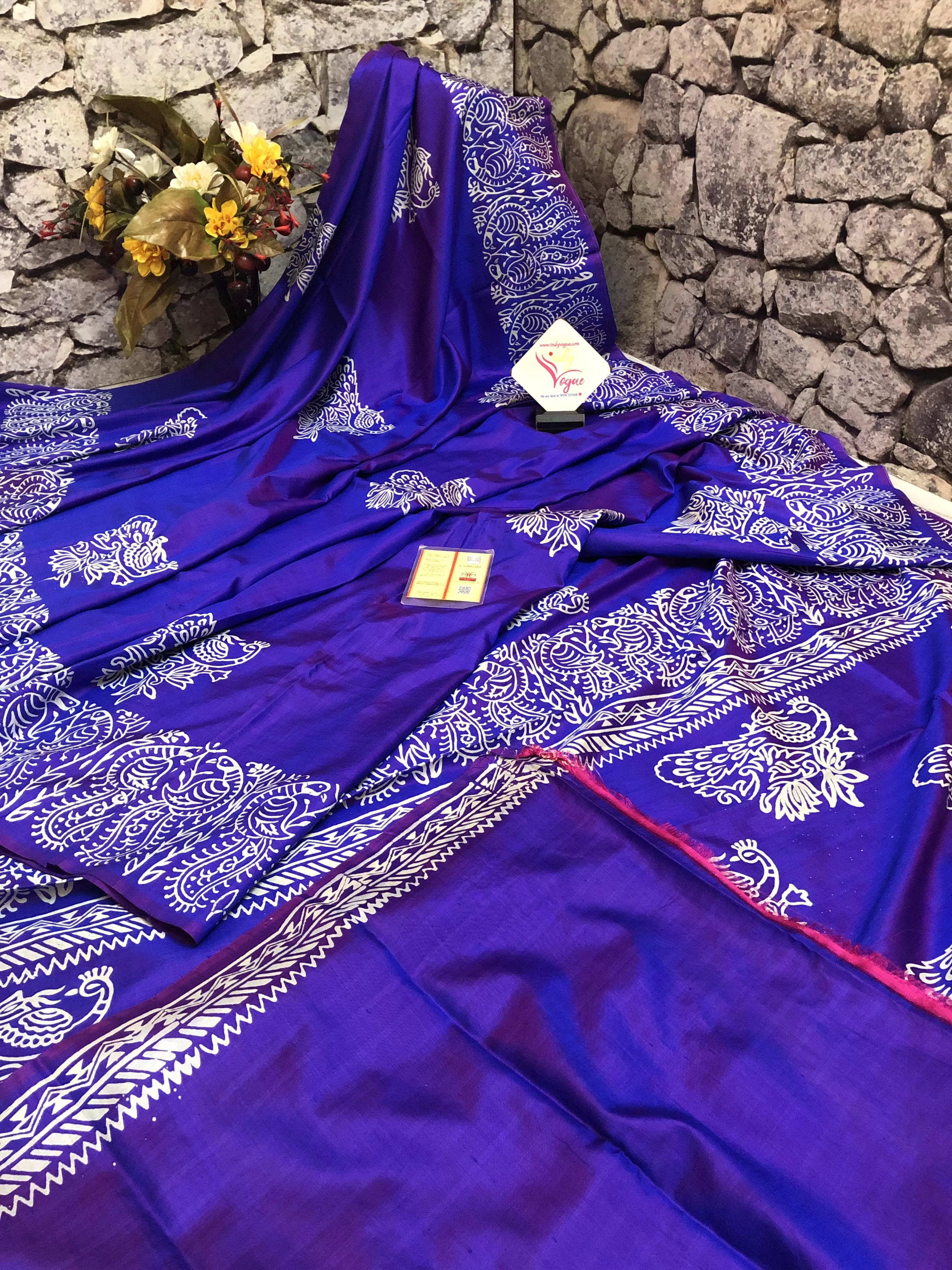 Indigo Blue Color Bishnupuri Katan Silk Saree with Block Print