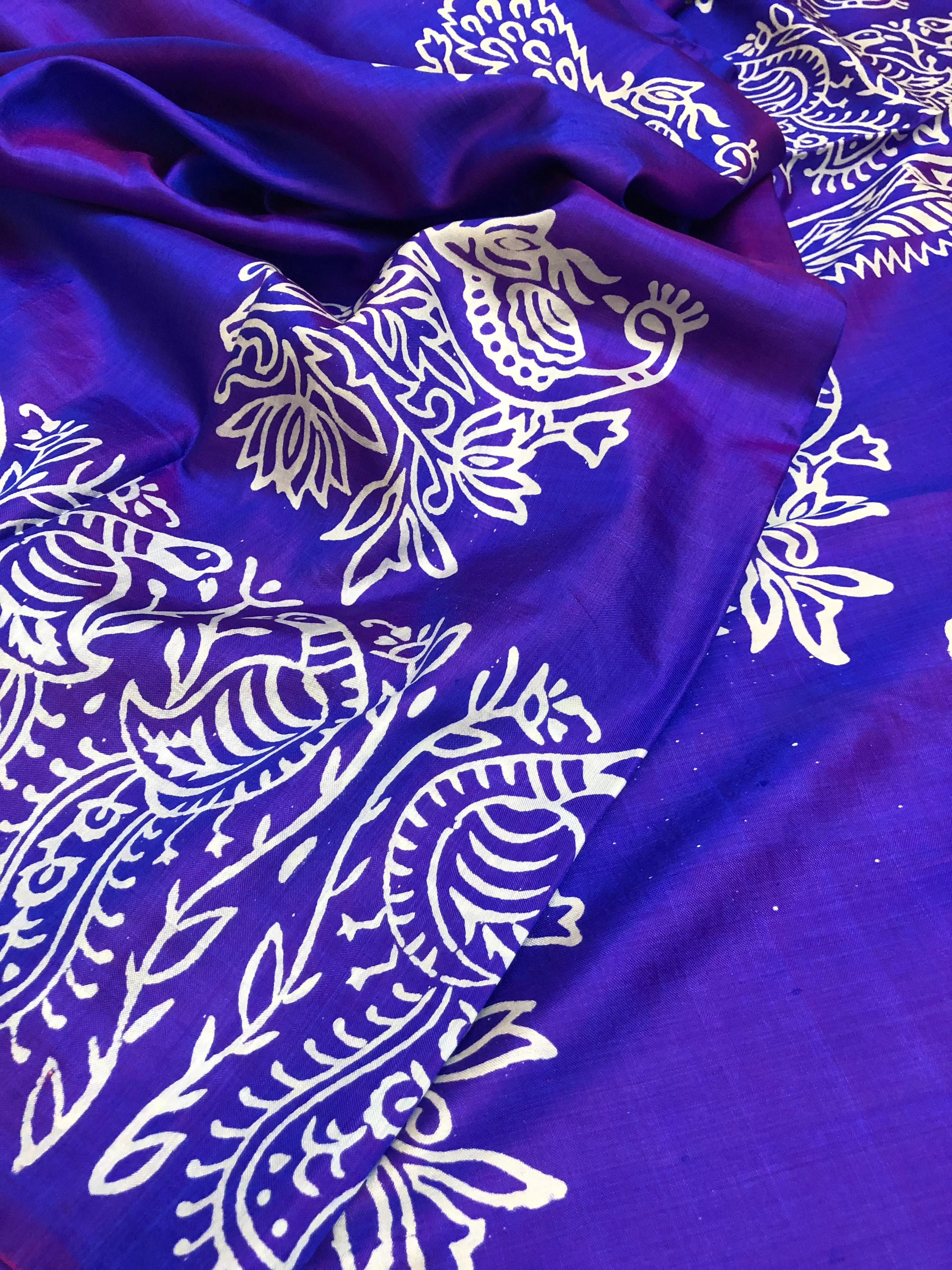 Indigo Blue Color Bishnupuri Katan Silk Saree with Block Print