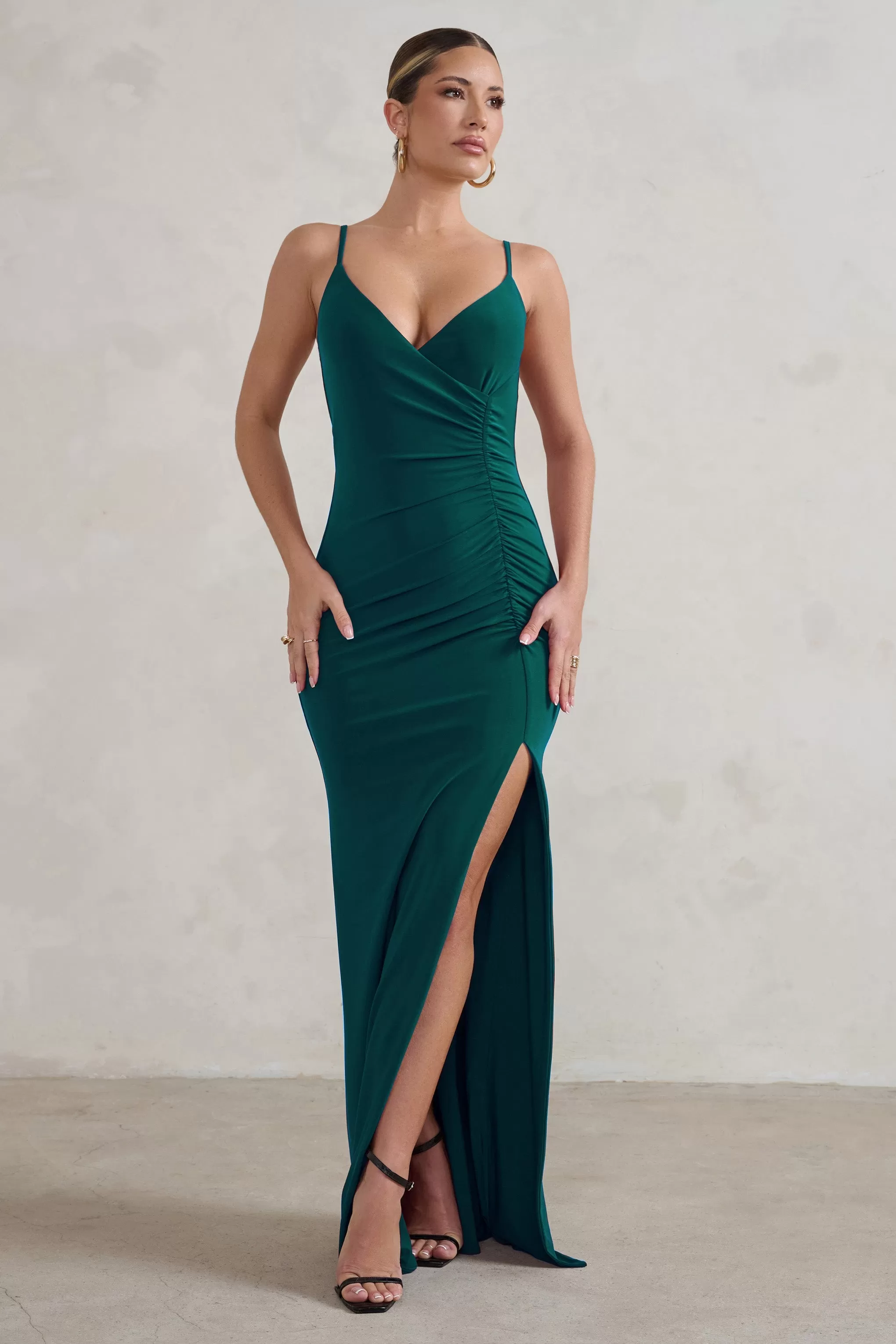 Jeanne | Bottle Green Plunge Ruched Cami Maxi Dress With Split