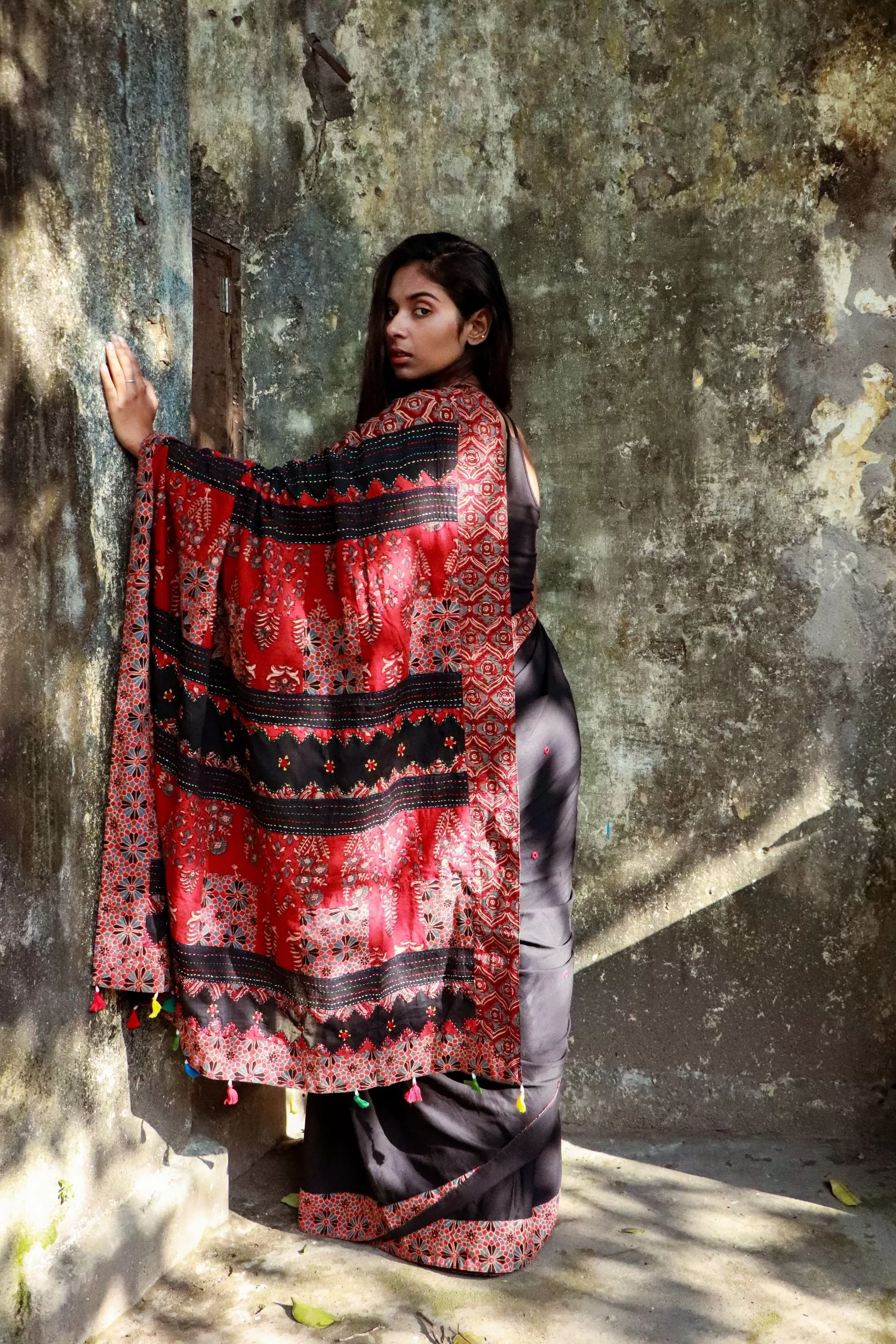 Jharokha -  Black and Red Ajrakh handblockprinted patchwork Gudri Barmer saree