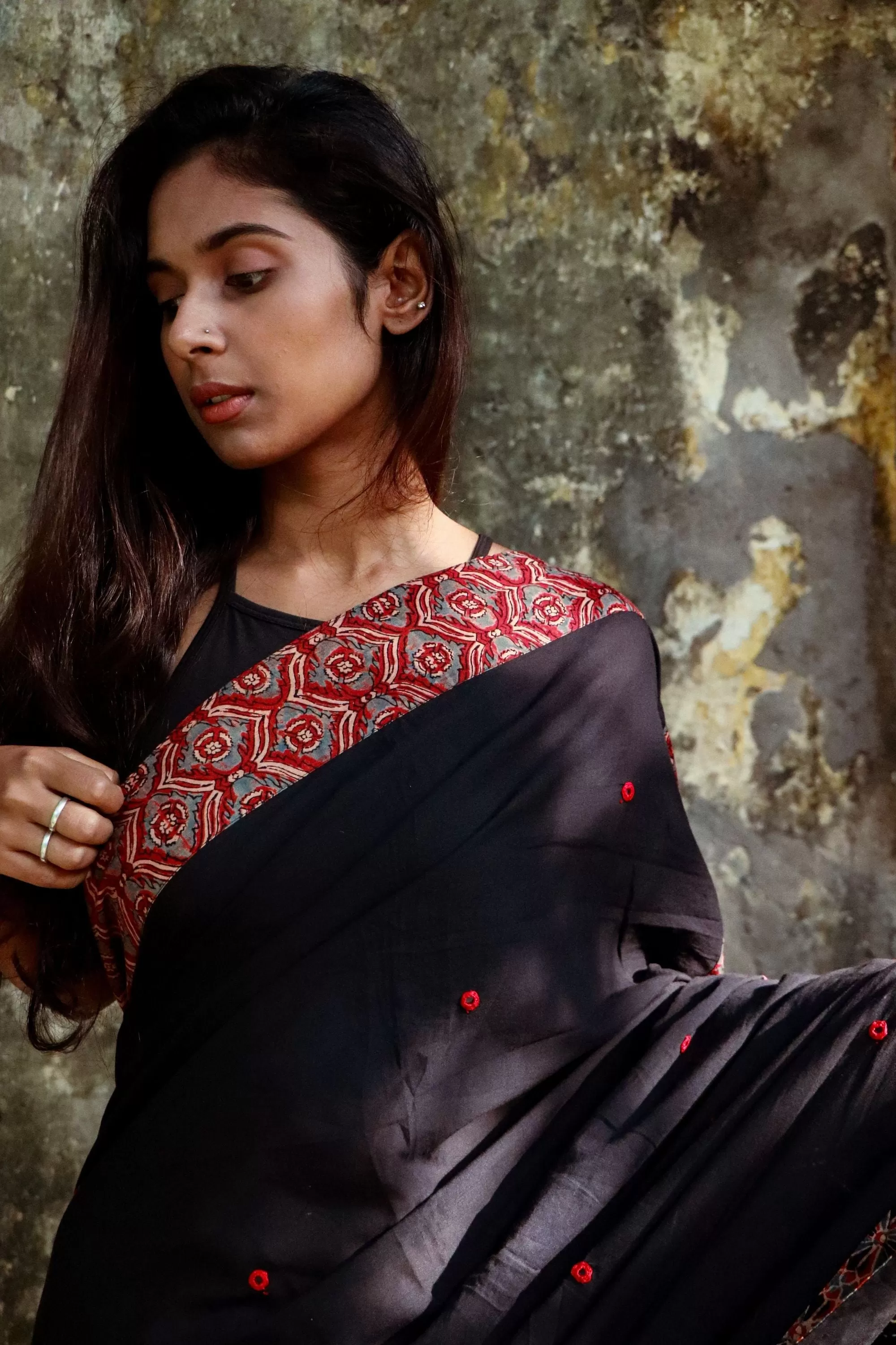 Jharokha -  Black and Red Ajrakh handblockprinted patchwork Gudri Barmer saree