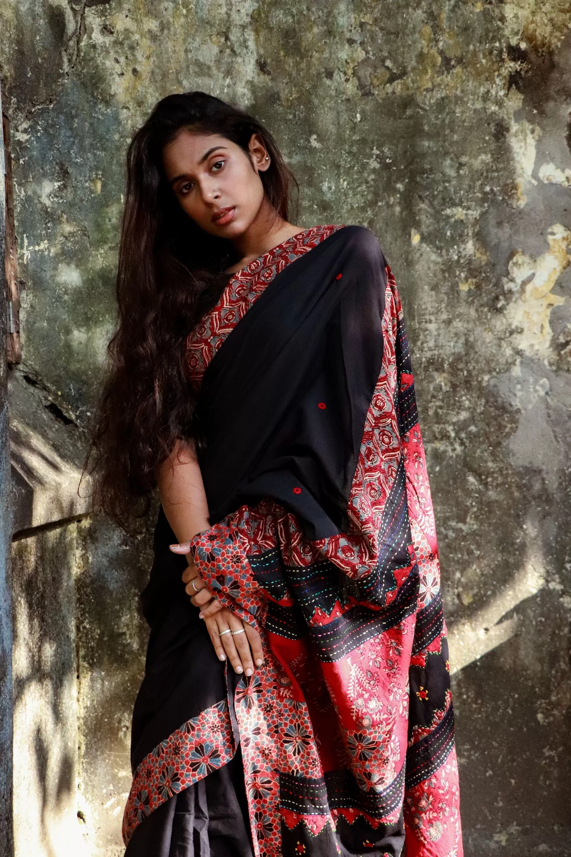 Jharokha -  Black and Red Ajrakh handblockprinted patchwork Gudri Barmer saree