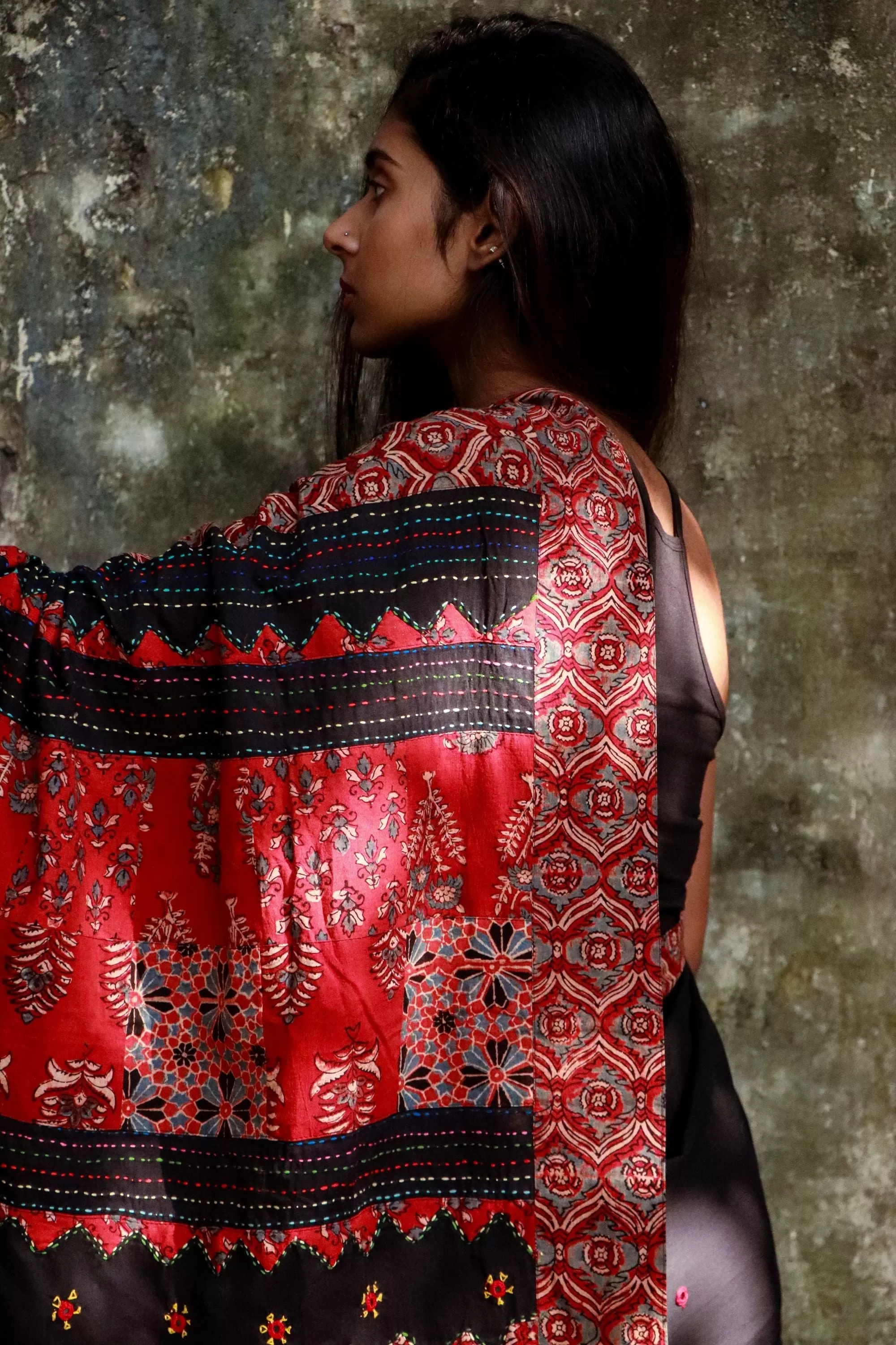 Jharokha -  Black and Red Ajrakh handblockprinted patchwork Gudri Barmer saree