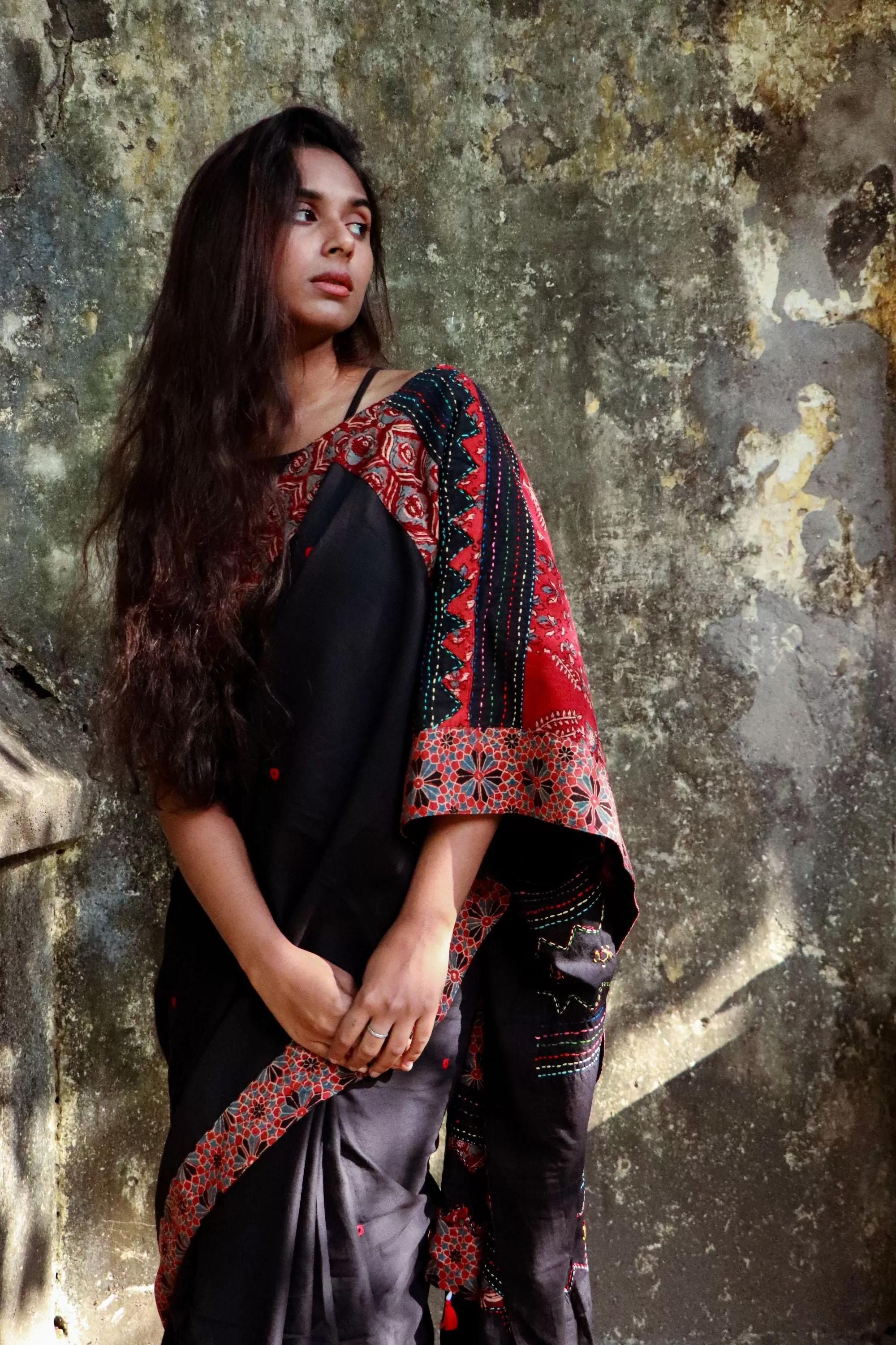 Jharokha -  Black and Red Ajrakh handblockprinted patchwork Gudri Barmer saree