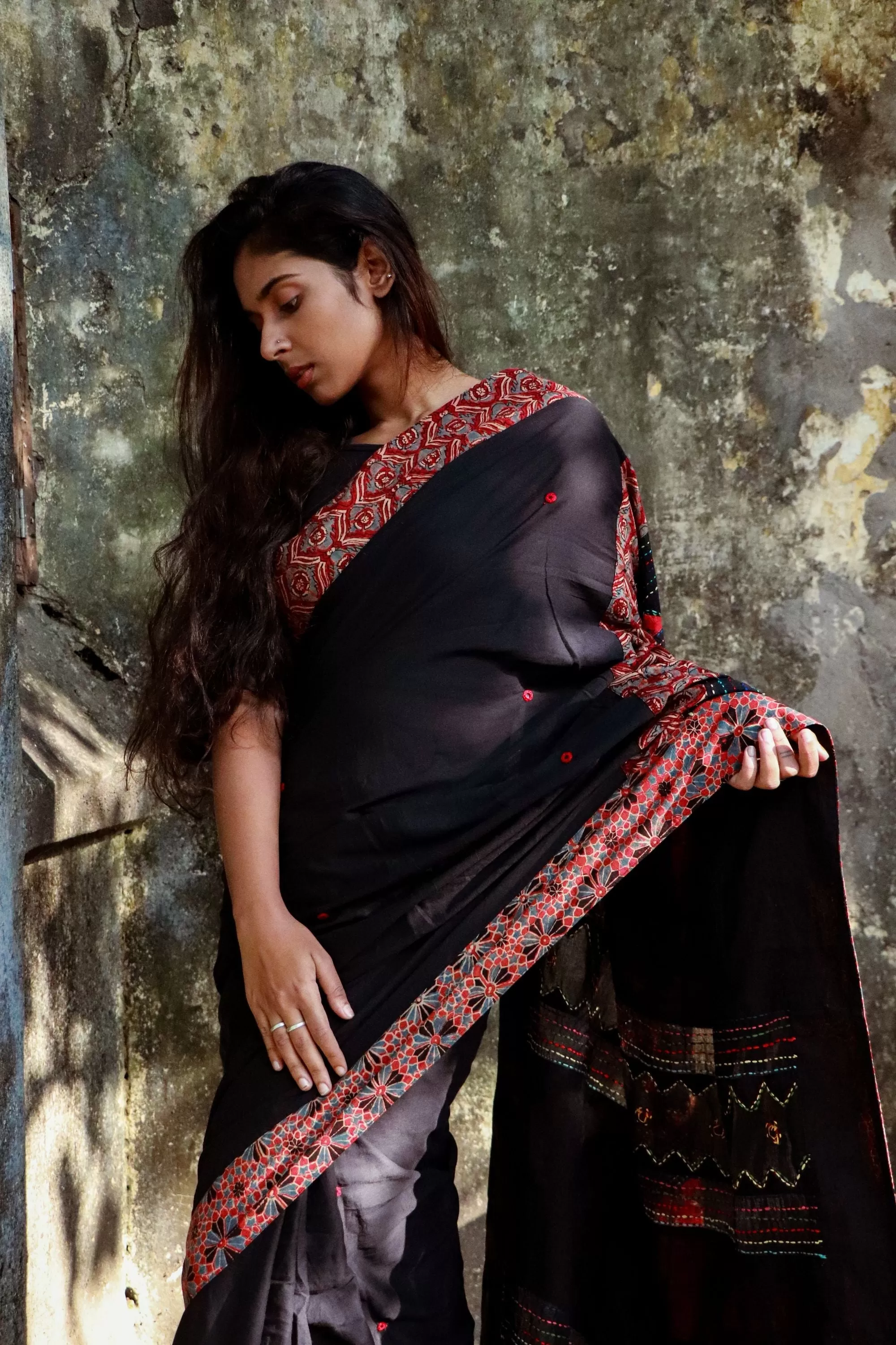 Jharokha -  Black and Red Ajrakh handblockprinted patchwork Gudri Barmer saree