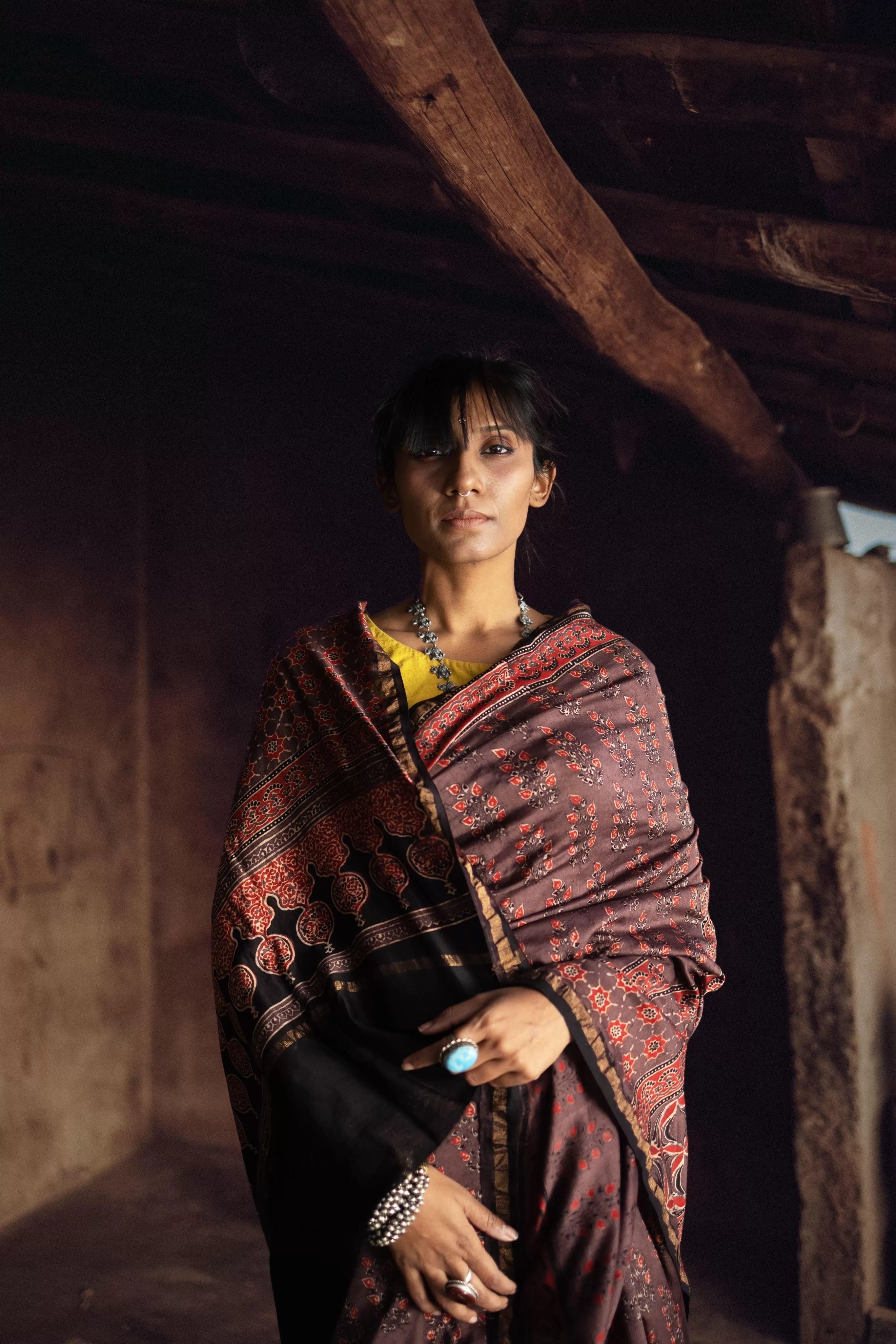 Jharokha -Grey and red silk  cotton Ajrakh handblockprinted saree