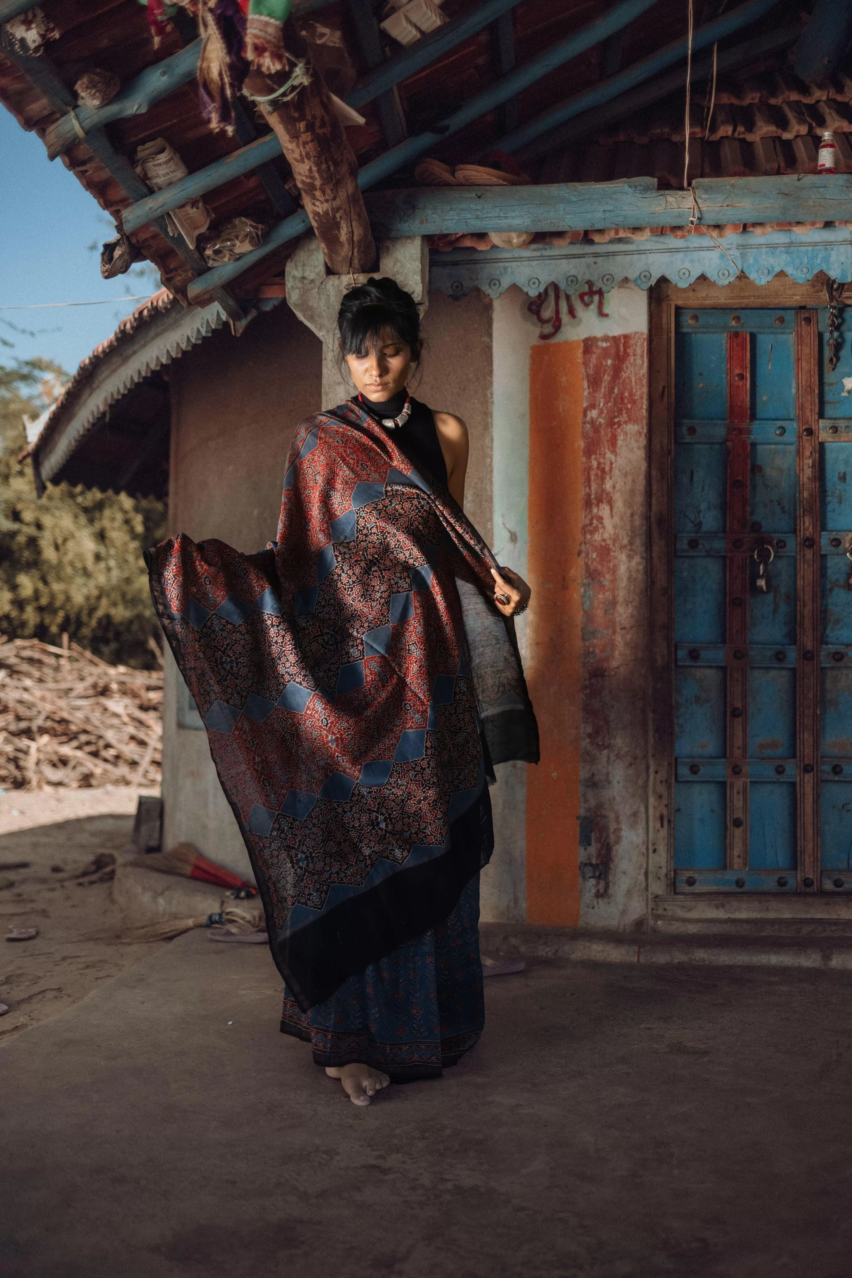 Jharokha -Indigo silk cotton Ajrakh handblockprinted saree