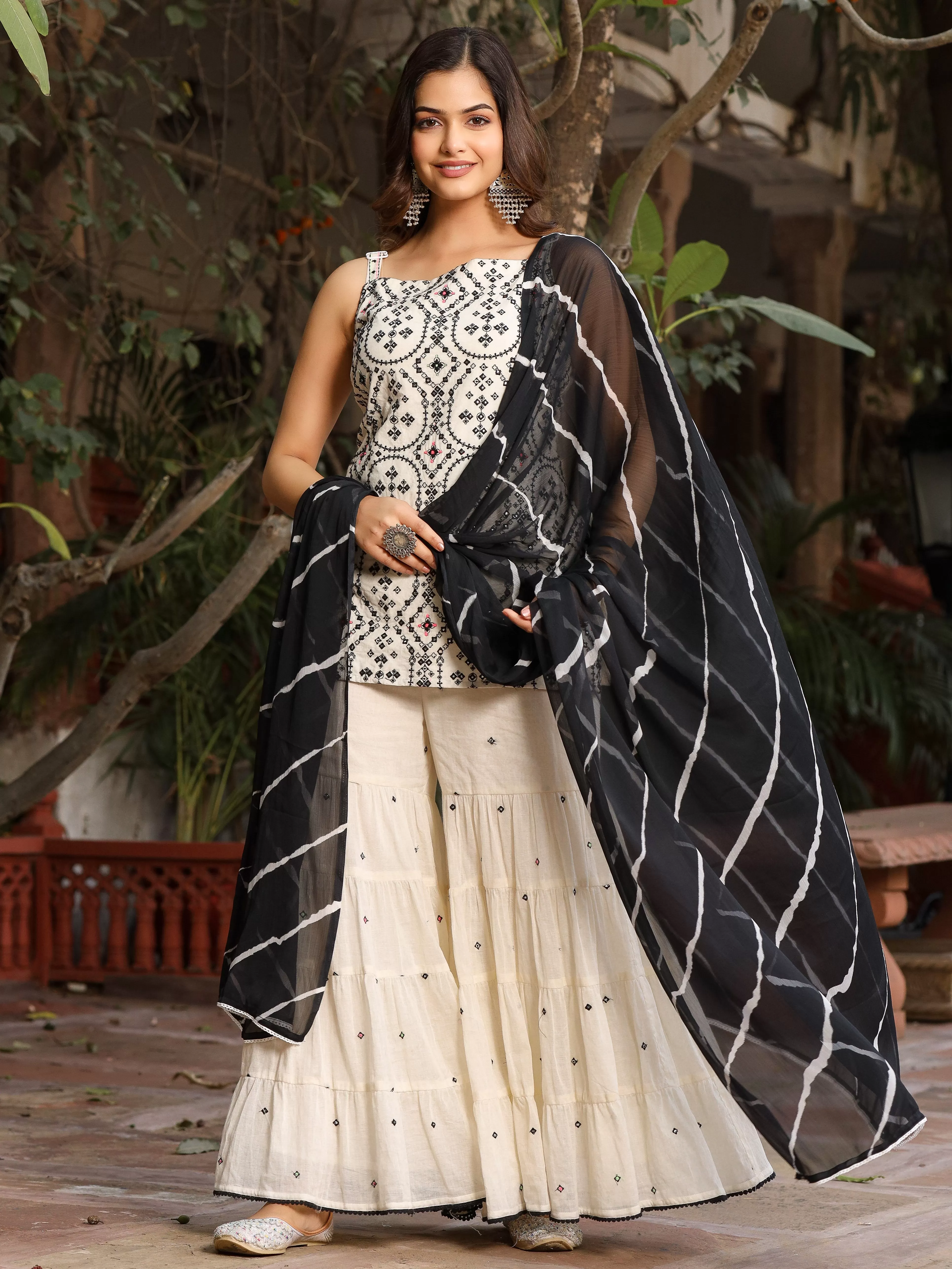 Juniper Off-White & Black Pure Cotton Embroidered Short Kurta Sharara & Dupatta Set