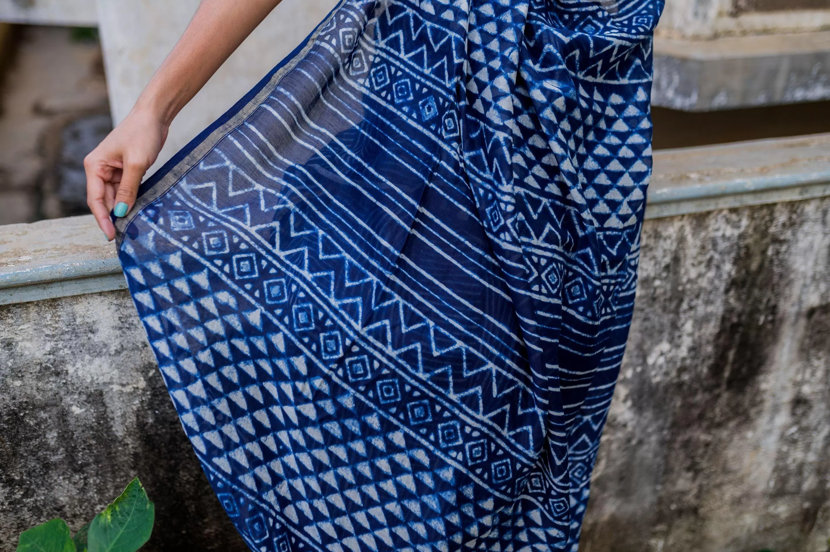 Kaisori Malhar - Dabu Stripes Indigo Silk Cotton saree