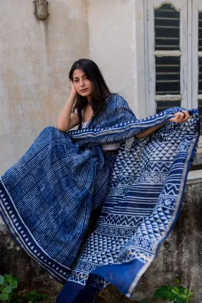 Kaisori Malhar - Dabu Stripes Indigo Silk Cotton saree