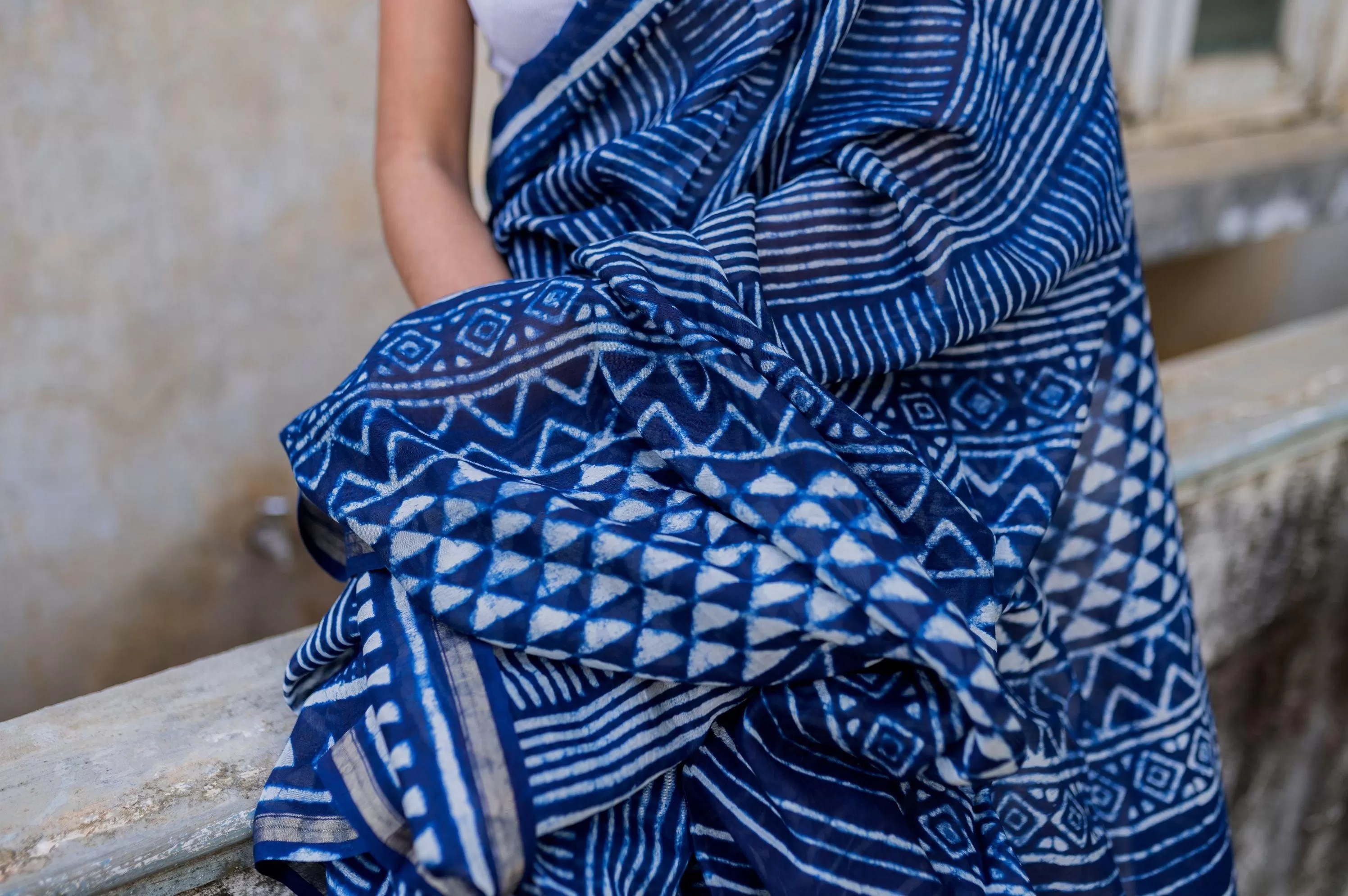 Kaisori Malhar - Dabu Stripes Indigo Silk Cotton saree