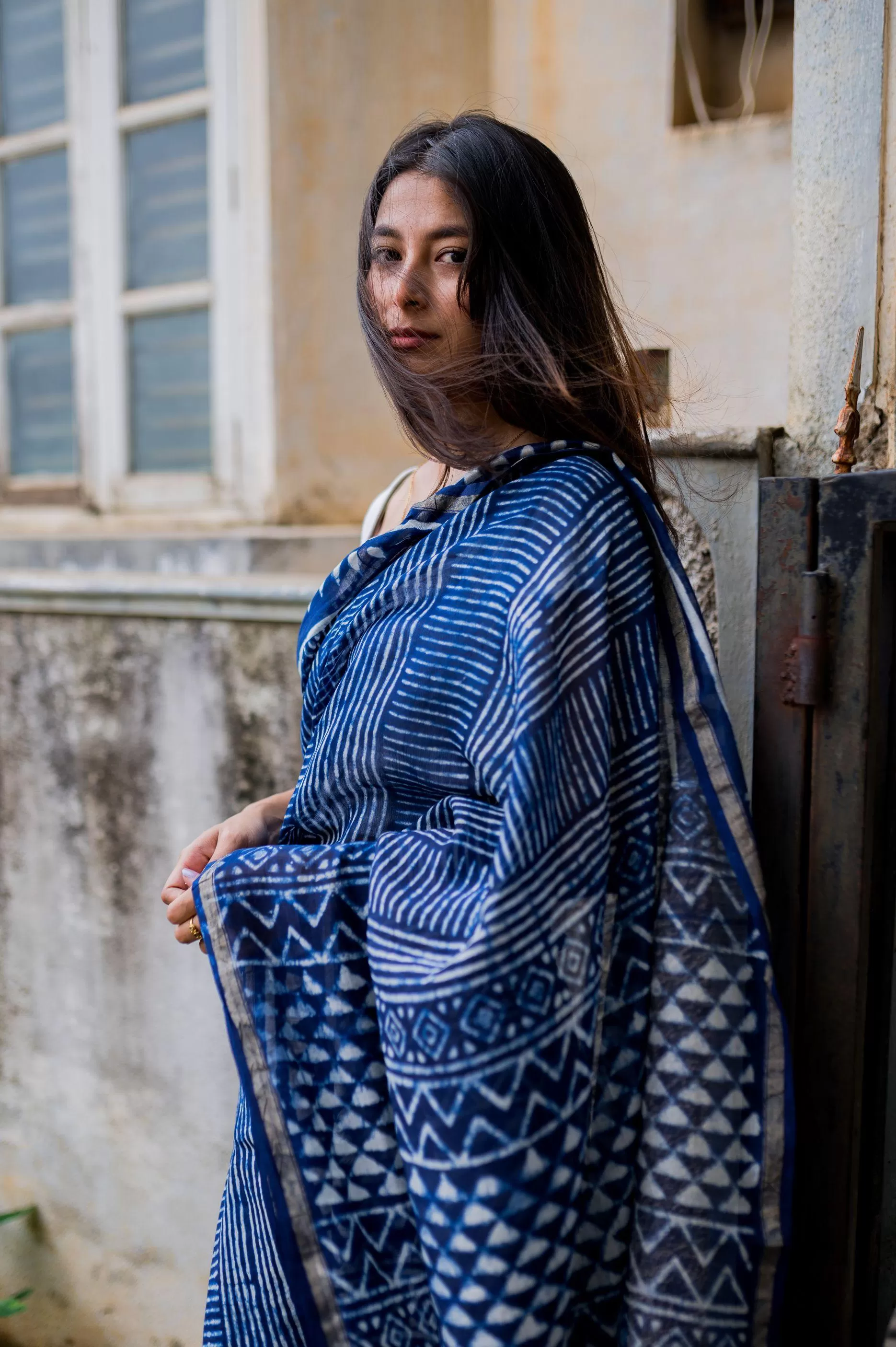 Kaisori Malhar - Dabu Stripes Indigo Silk Cotton saree