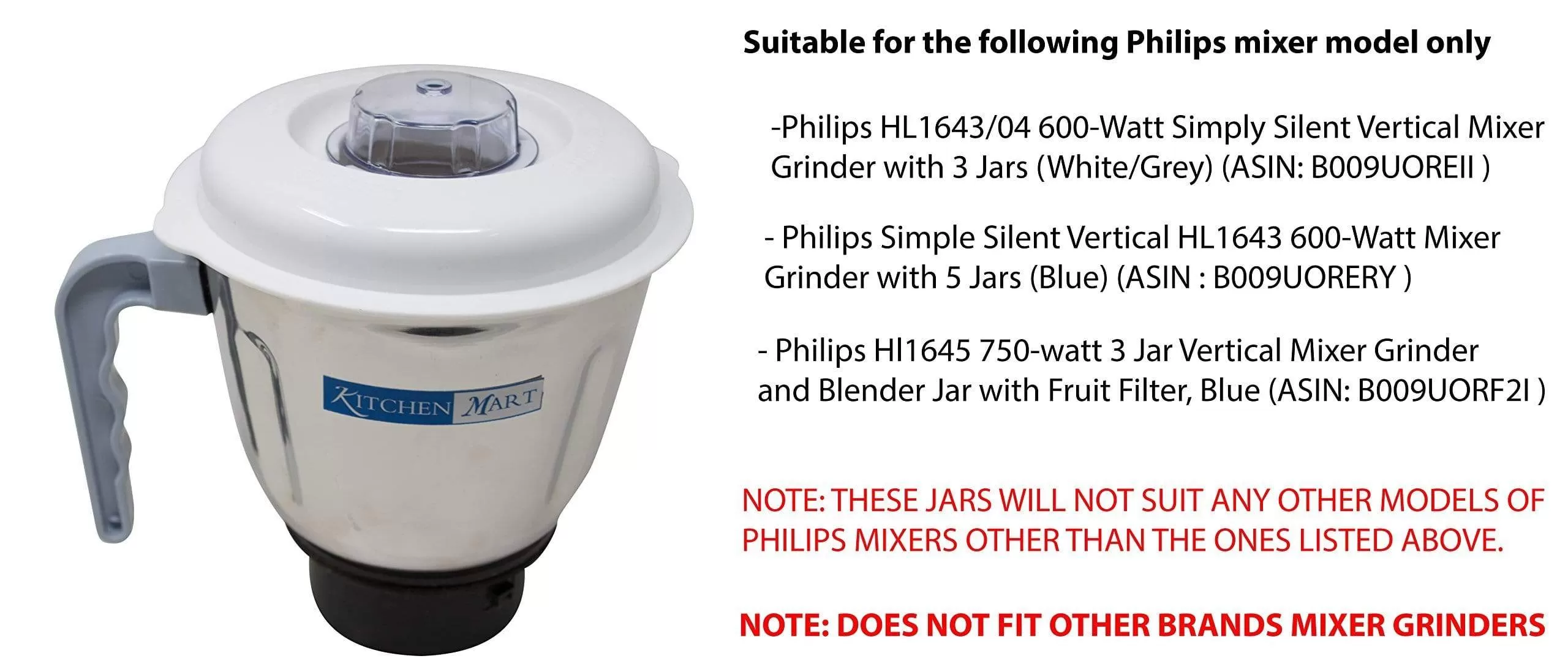 Kitchen Mart Medium Jar Suitable for Philips Mixer Grinder Models: HL1645, HL1643