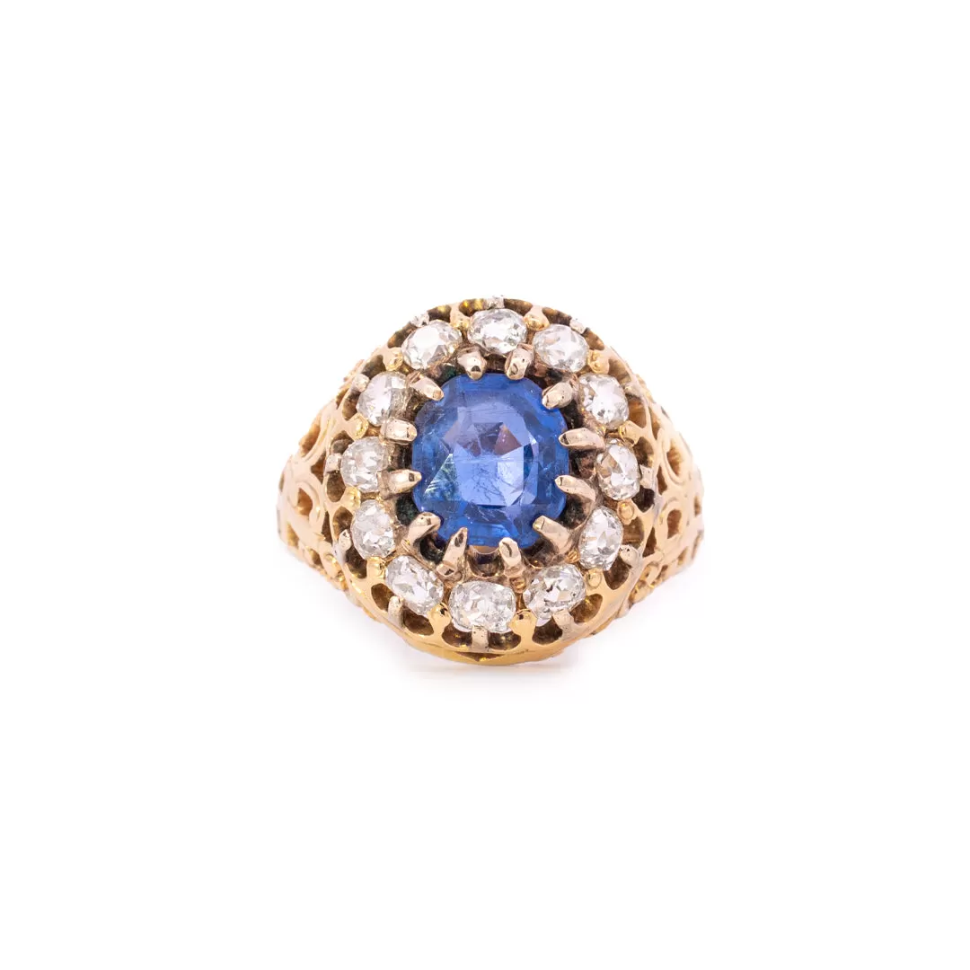 Ladies Antique Cocktail 14K Yellow Gold No Heat Burma (Myanmar) Sapphire Halo Diamond Ring