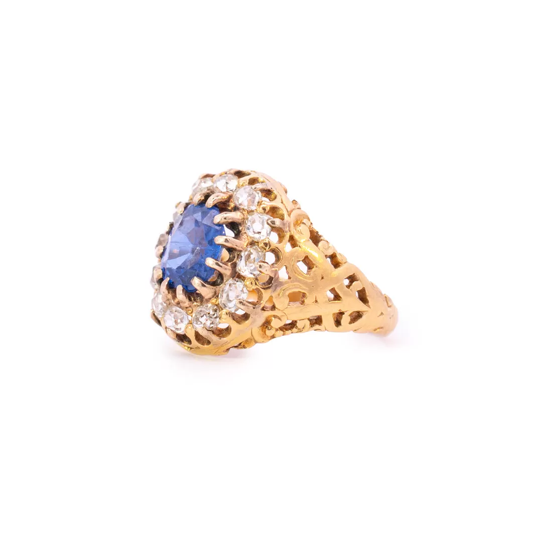 Ladies Antique Cocktail 14K Yellow Gold No Heat Burma (Myanmar) Sapphire Halo Diamond Ring