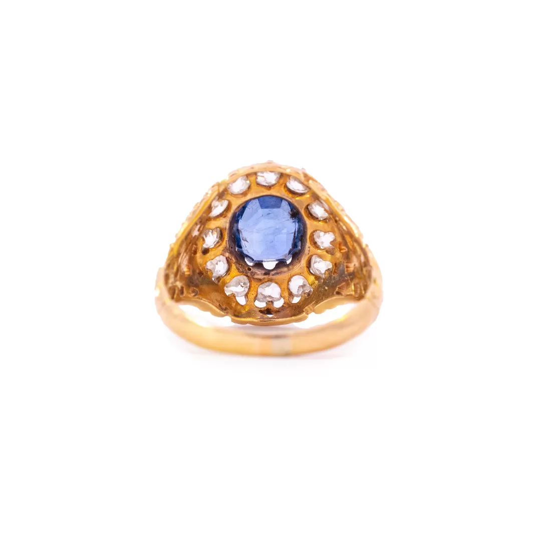 Ladies Antique Cocktail 14K Yellow Gold No Heat Burma (Myanmar) Sapphire Halo Diamond Ring