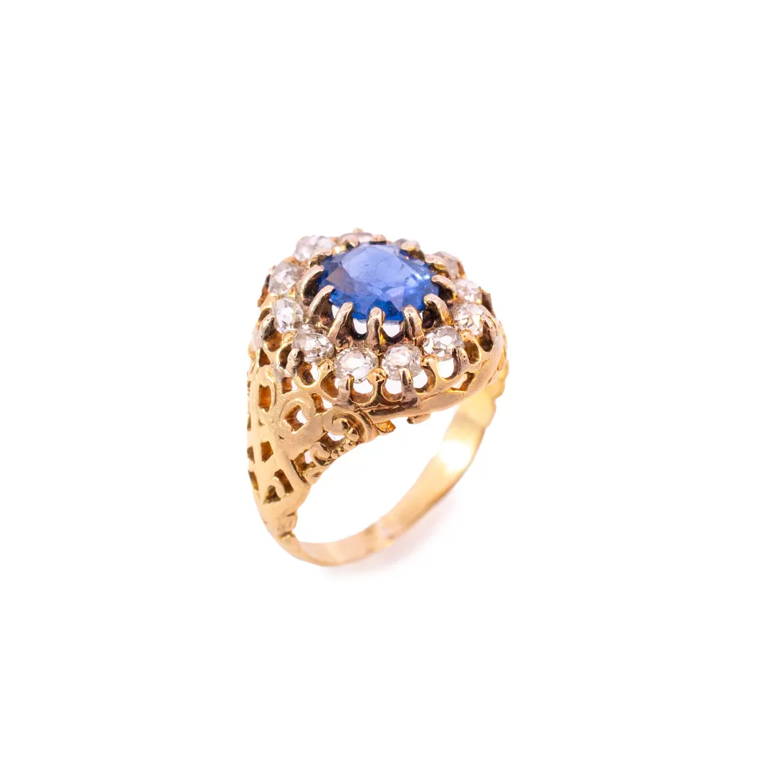 Ladies Antique Cocktail 14K Yellow Gold No Heat Burma (Myanmar) Sapphire Halo Diamond Ring