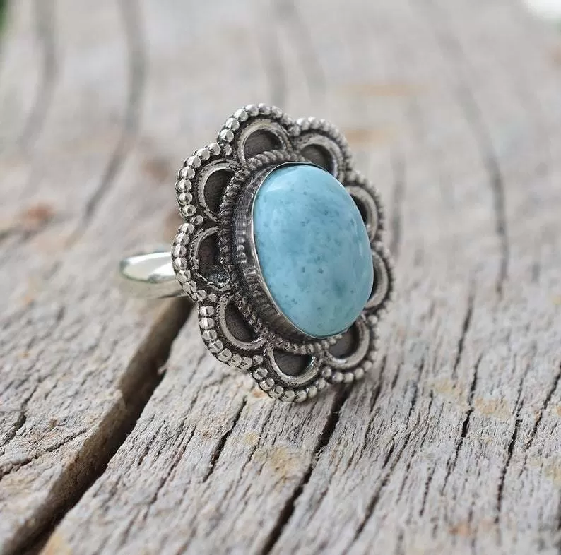 Larimar 925 Sterling Silver Statement Ring, Handcrafted Jewelry, For Her