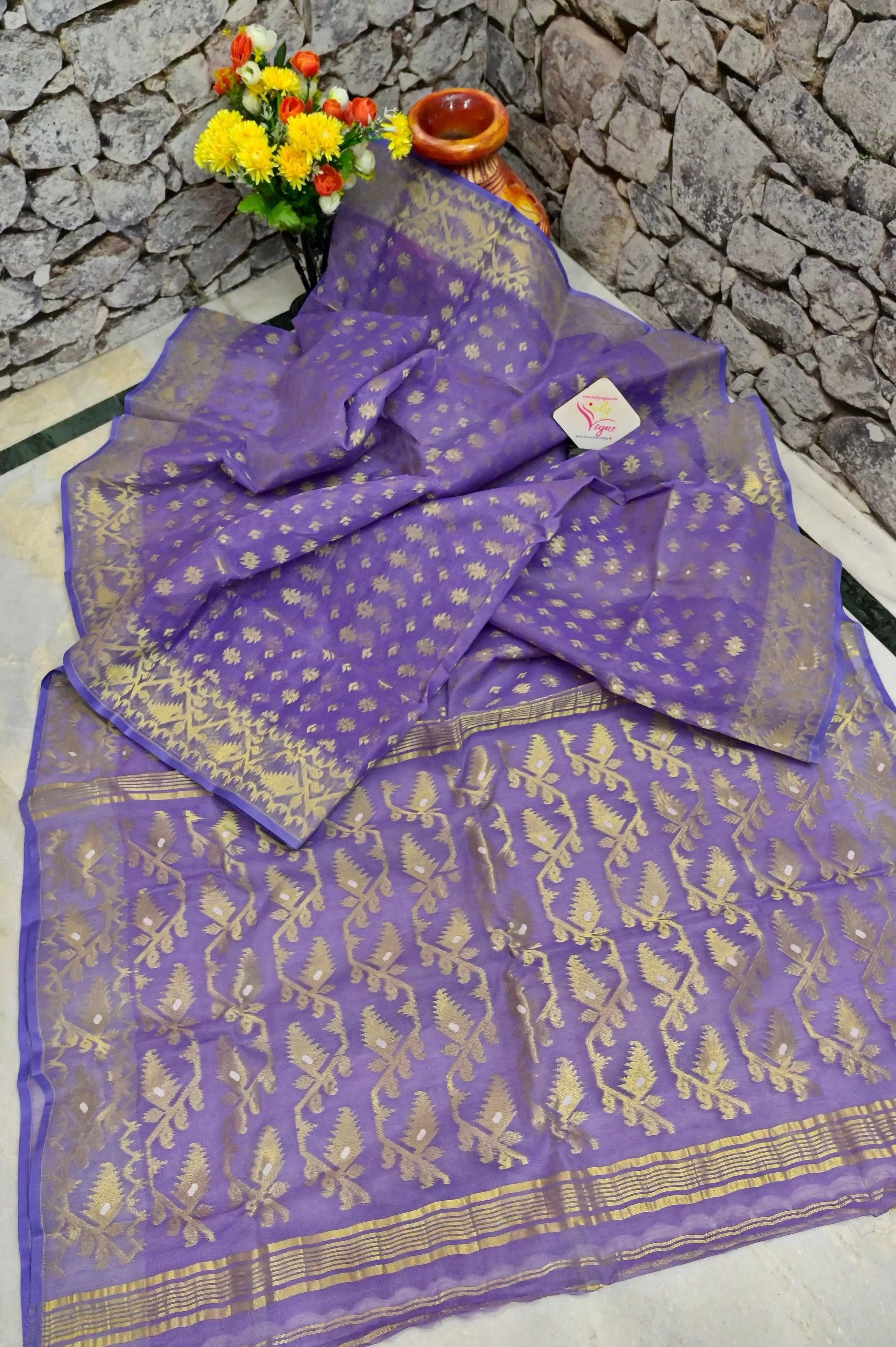 Lavender Color Jamdani Saree with Allover Resham Buti Work