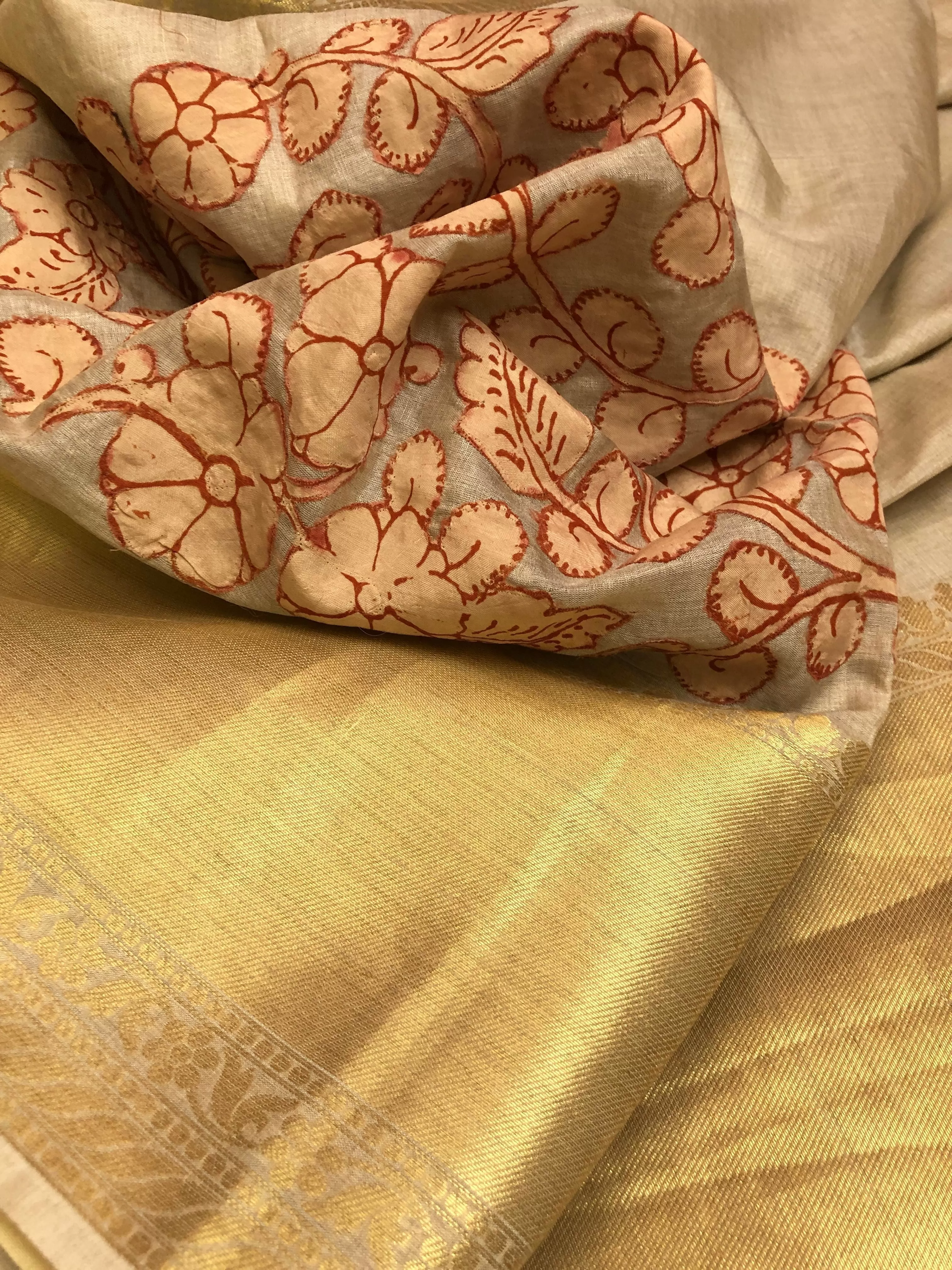 Light Sandalwood Color Tussar Silk Saree with Kalamkari Applique Work