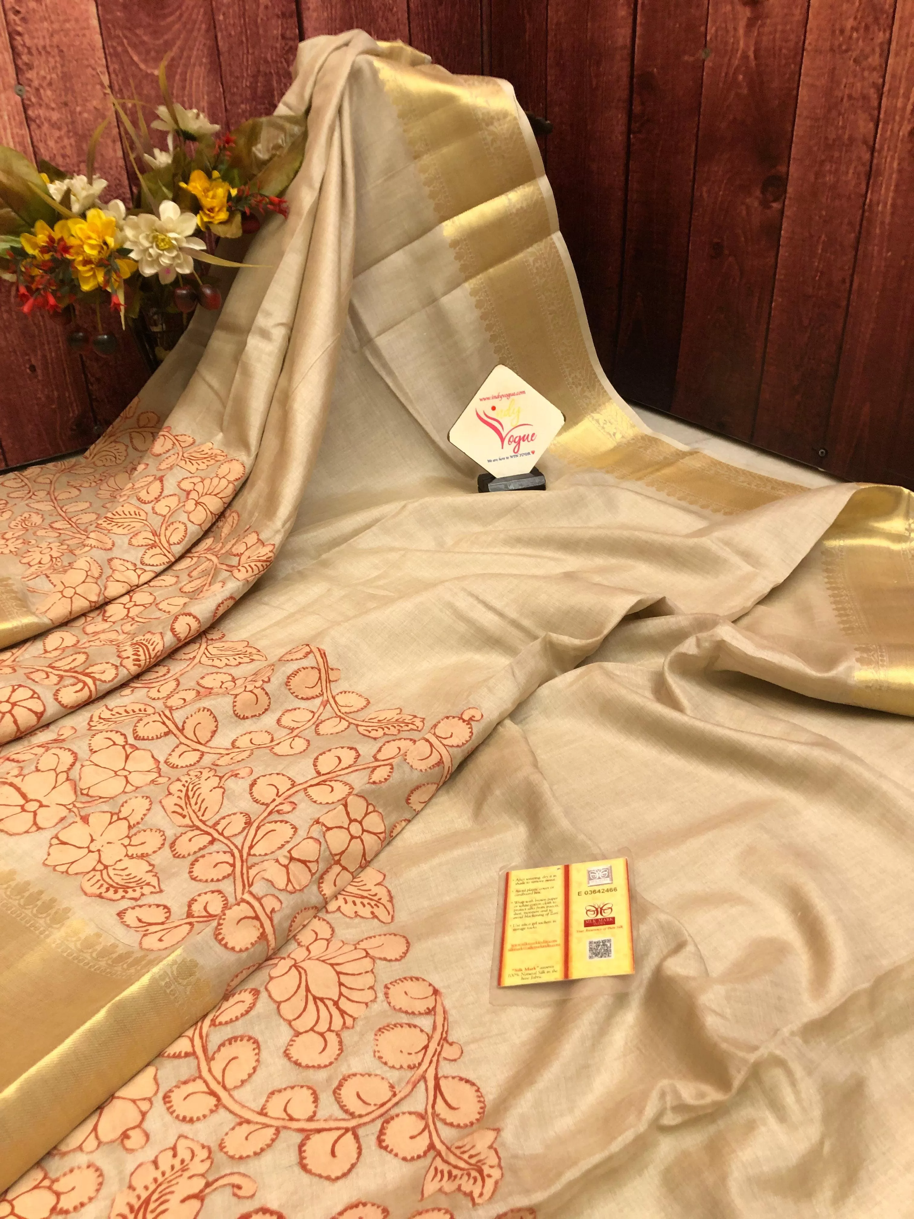 Light Sandalwood Color Tussar Silk Saree with Kalamkari Applique Work