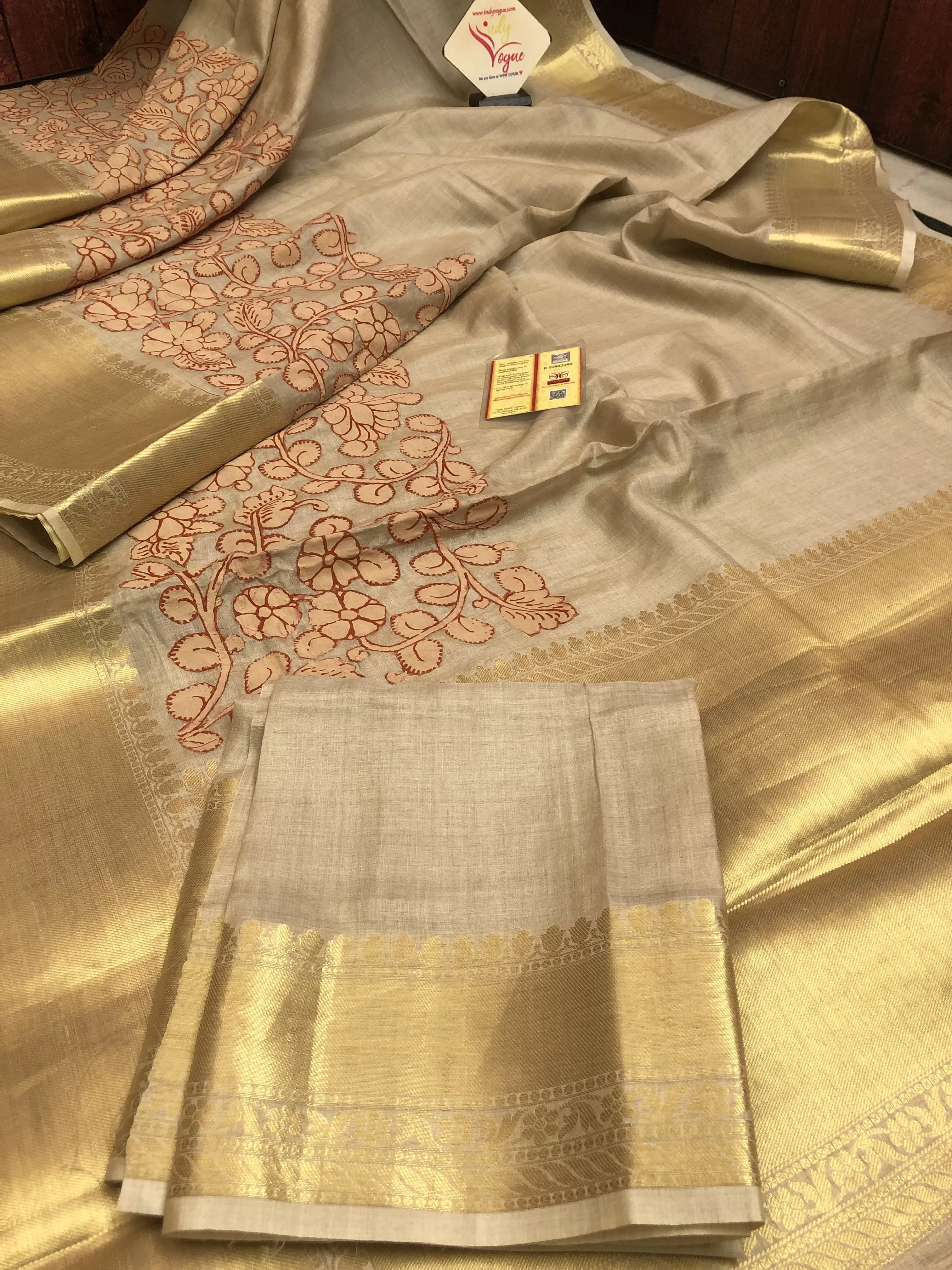 Light Sandalwood Color Tussar Silk Saree with Kalamkari Applique Work