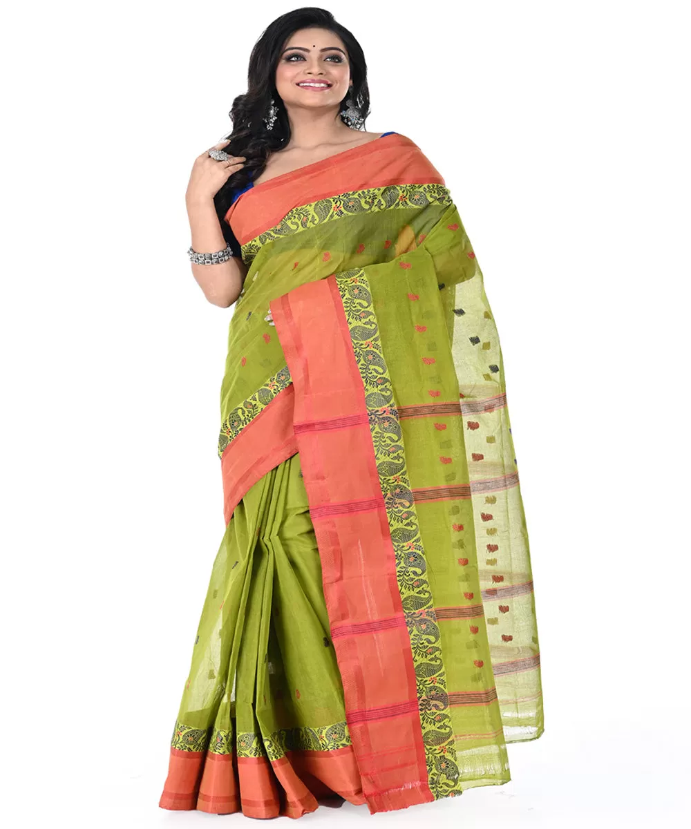 Lime green pink handwoven cotton tangail saree