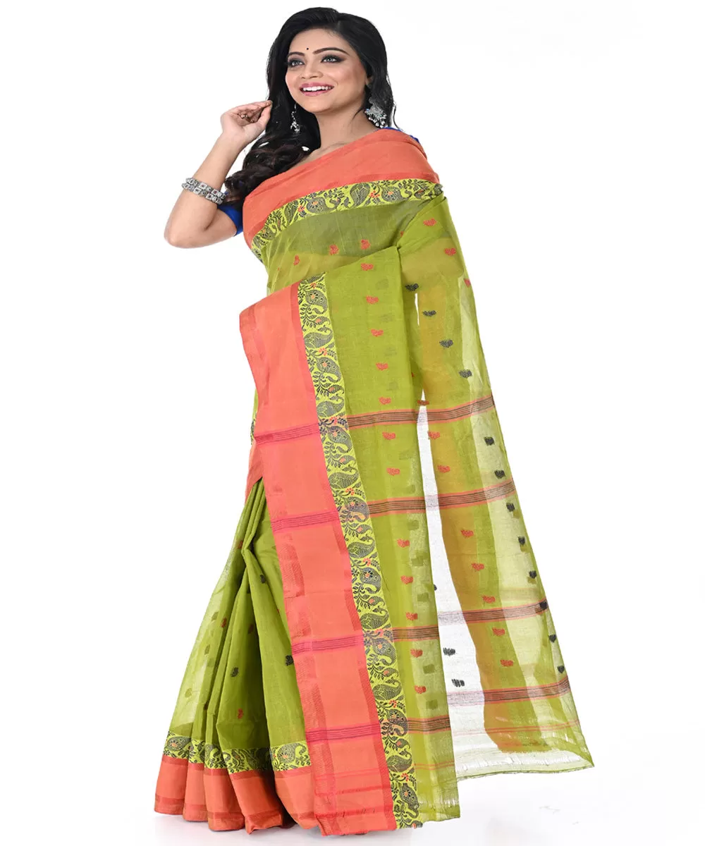 Lime green pink handwoven cotton tangail saree