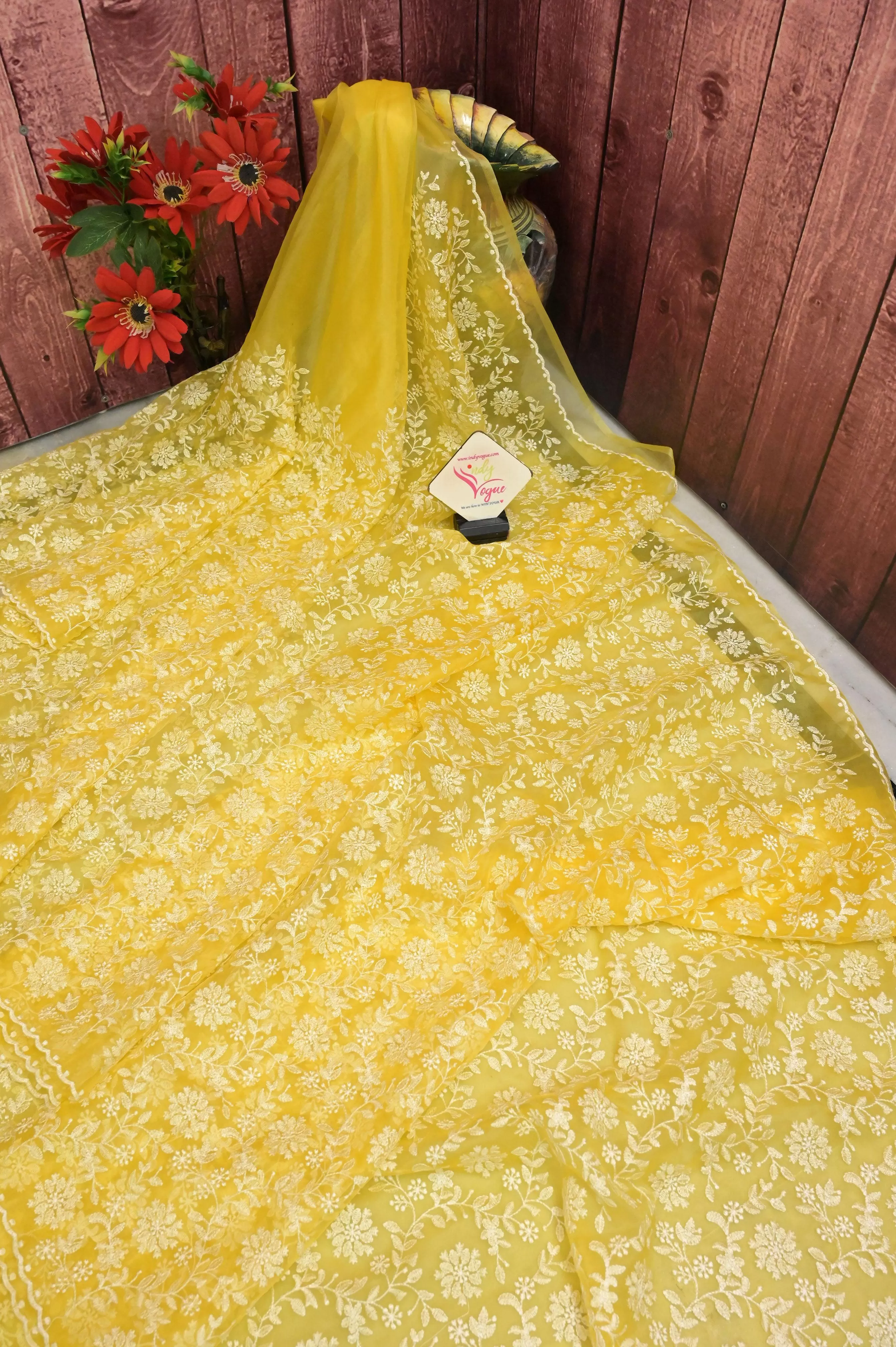 Lime Yellow Color Organza Saree wtih Allover Embroidery Work