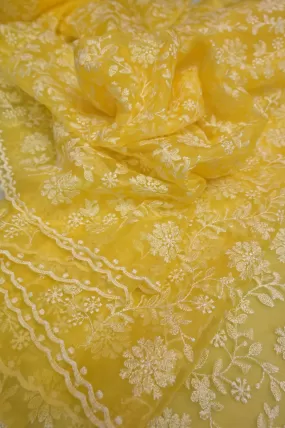 Lime Yellow Color Organza Saree wtih Allover Embroidery Work