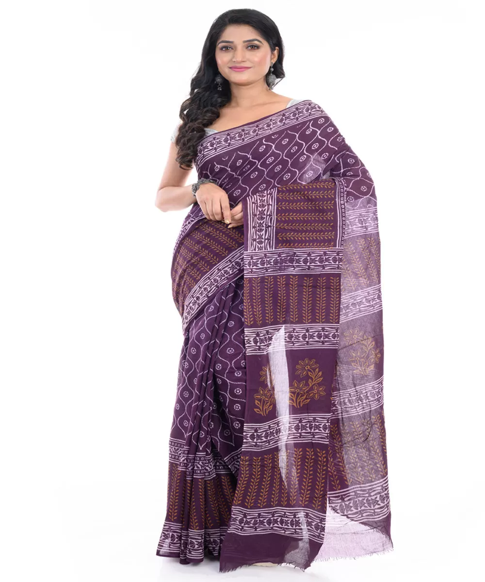 Magenta hand block printed bengal cotton saree