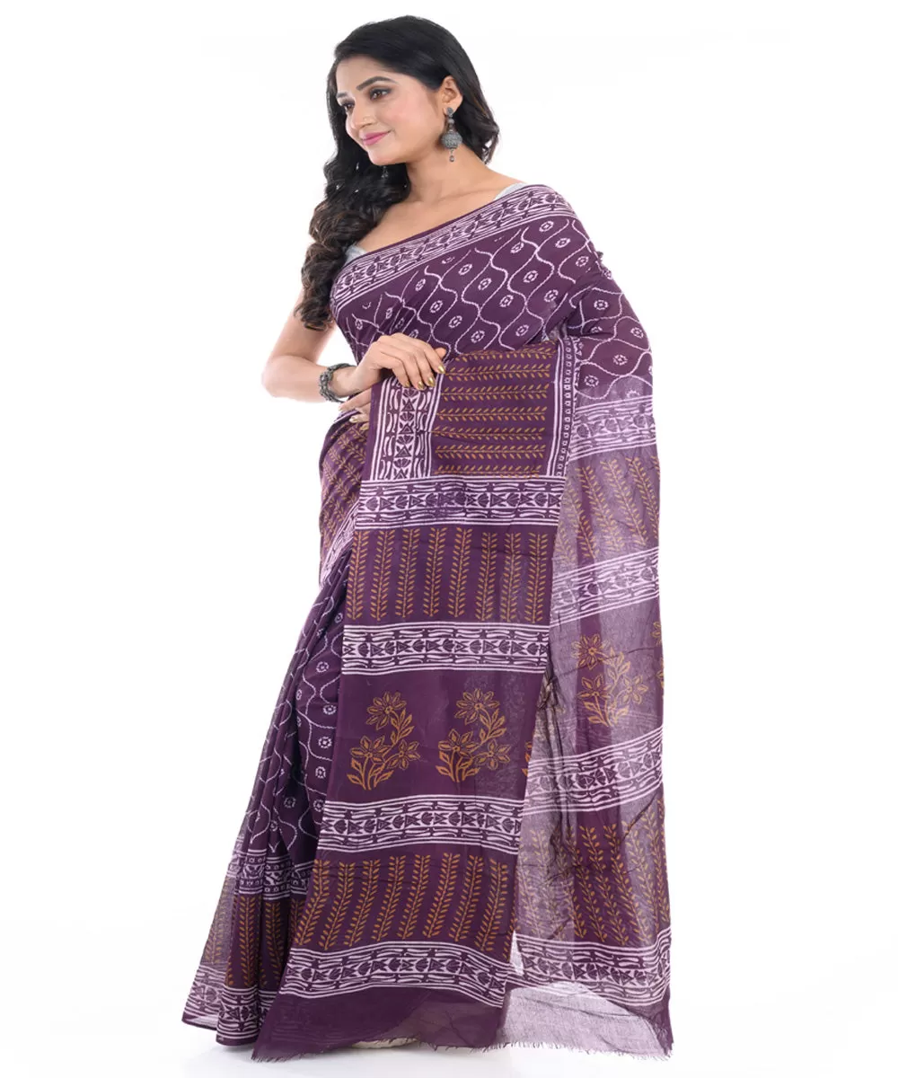 Magenta hand block printed bengal cotton saree