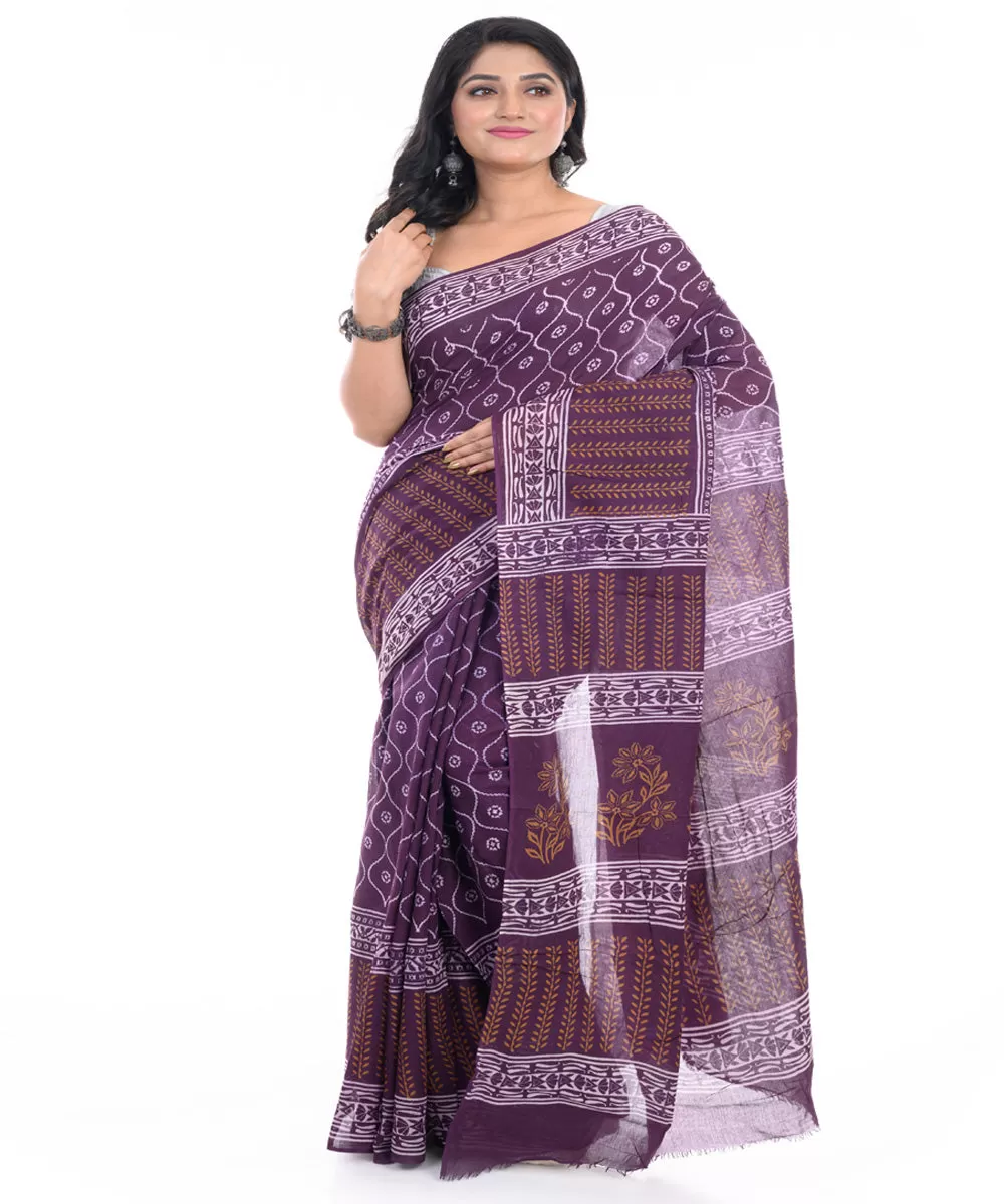 Magenta hand block printed bengal cotton saree