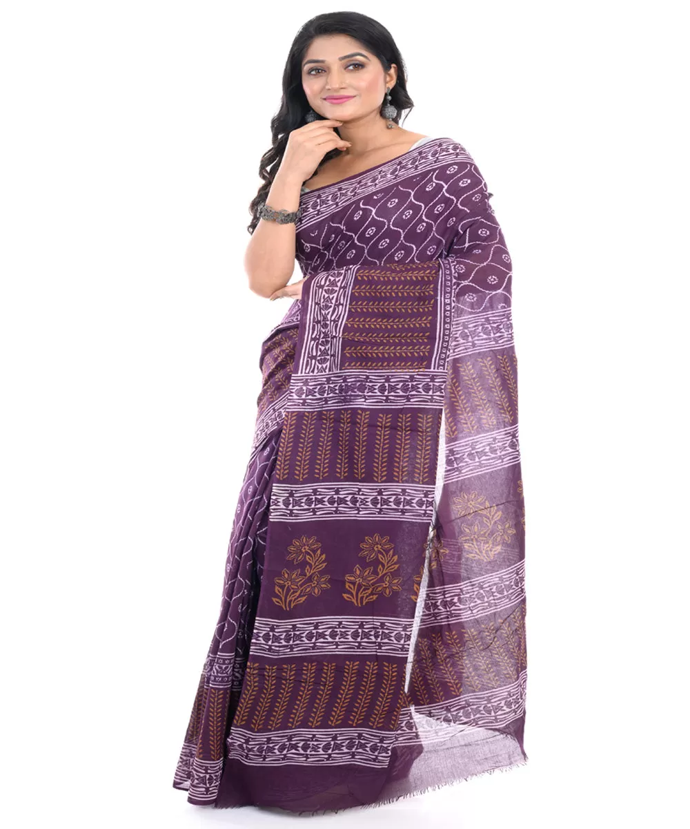 Magenta hand block printed bengal cotton saree