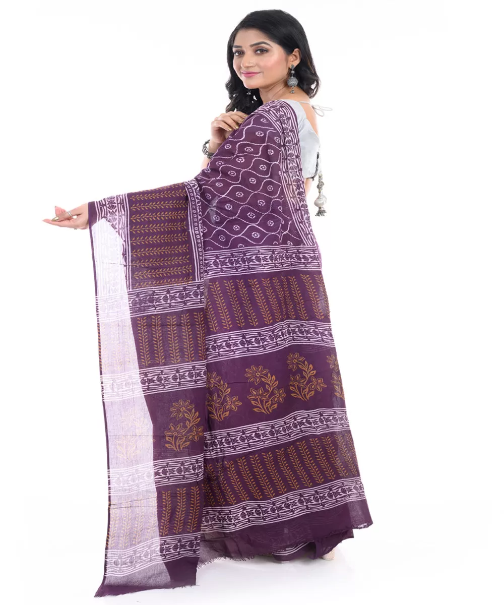 Magenta hand block printed bengal cotton saree