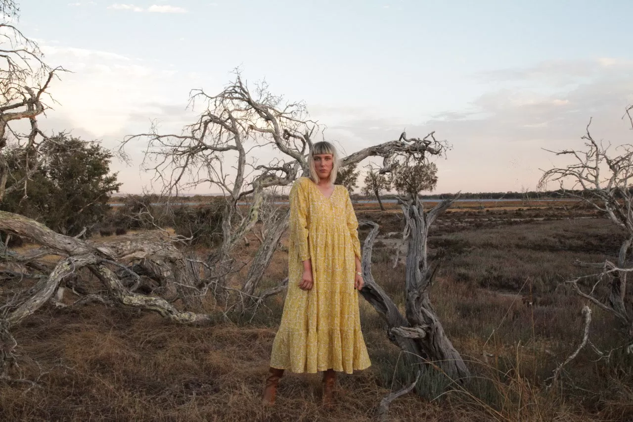 Margy Dress in Mustard Native Blossom