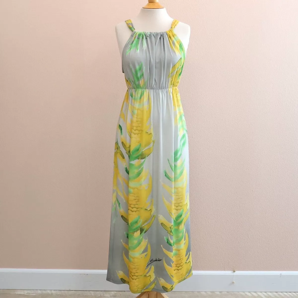 Maui Hawaiian Artist Design Fabric Halter Summer Dress, Yellow