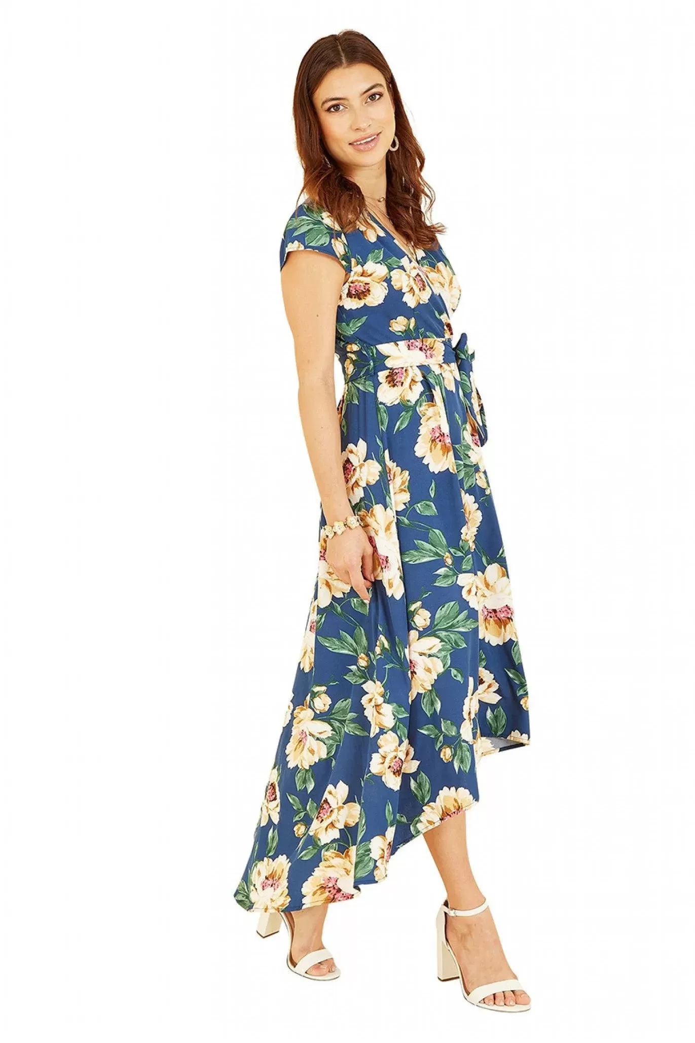 Mela London Blue Painted Floral Print Dipped Hem Wrap Dress