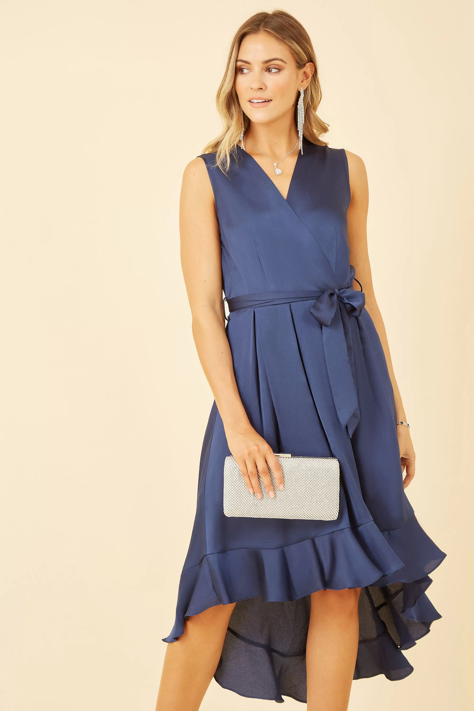 Mela London Navy Satin Dipped Hem Wrap Over Midi Dress