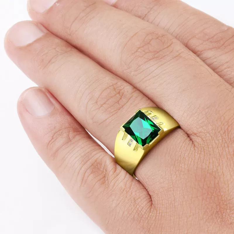 Men's Emerald Ring with Natural Diamonds in 10k Yellow Gold, Statement Ring for Men