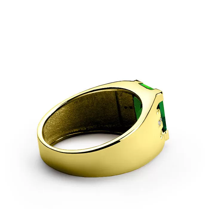 Men's Emerald Ring with Natural Diamonds in 10k Yellow Gold, Statement Ring for Men