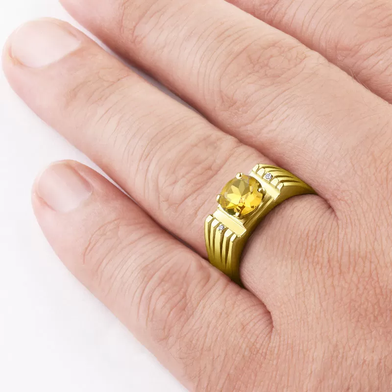 Men's Ring in 10k Gold with Yellow Citrine Gemstone and Natural Diamonds