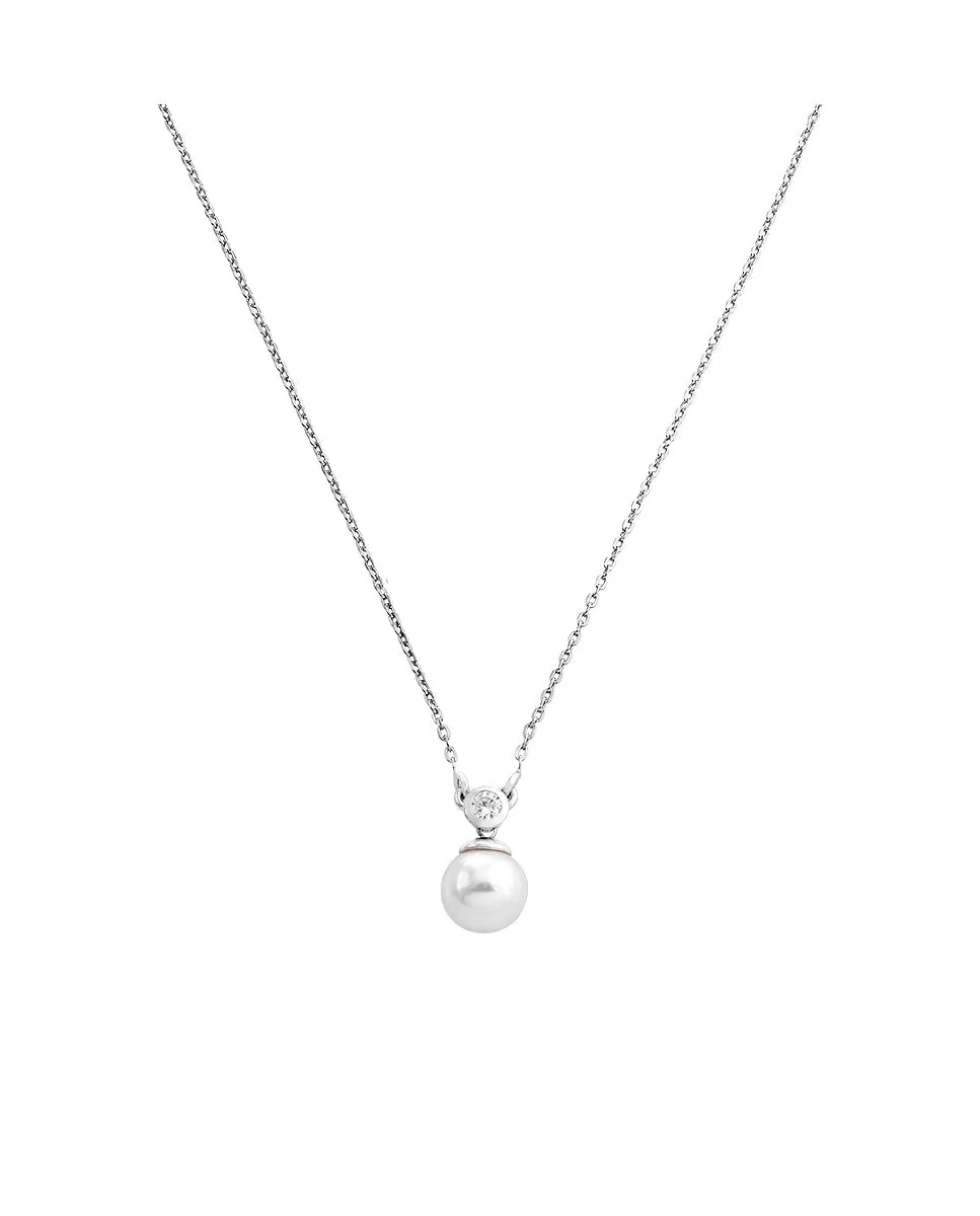 Metal Rhodium Plated Pendant Chain Necklace for Women with White Round Pearl and Zircons, 8mm Pearl, Selene Collection