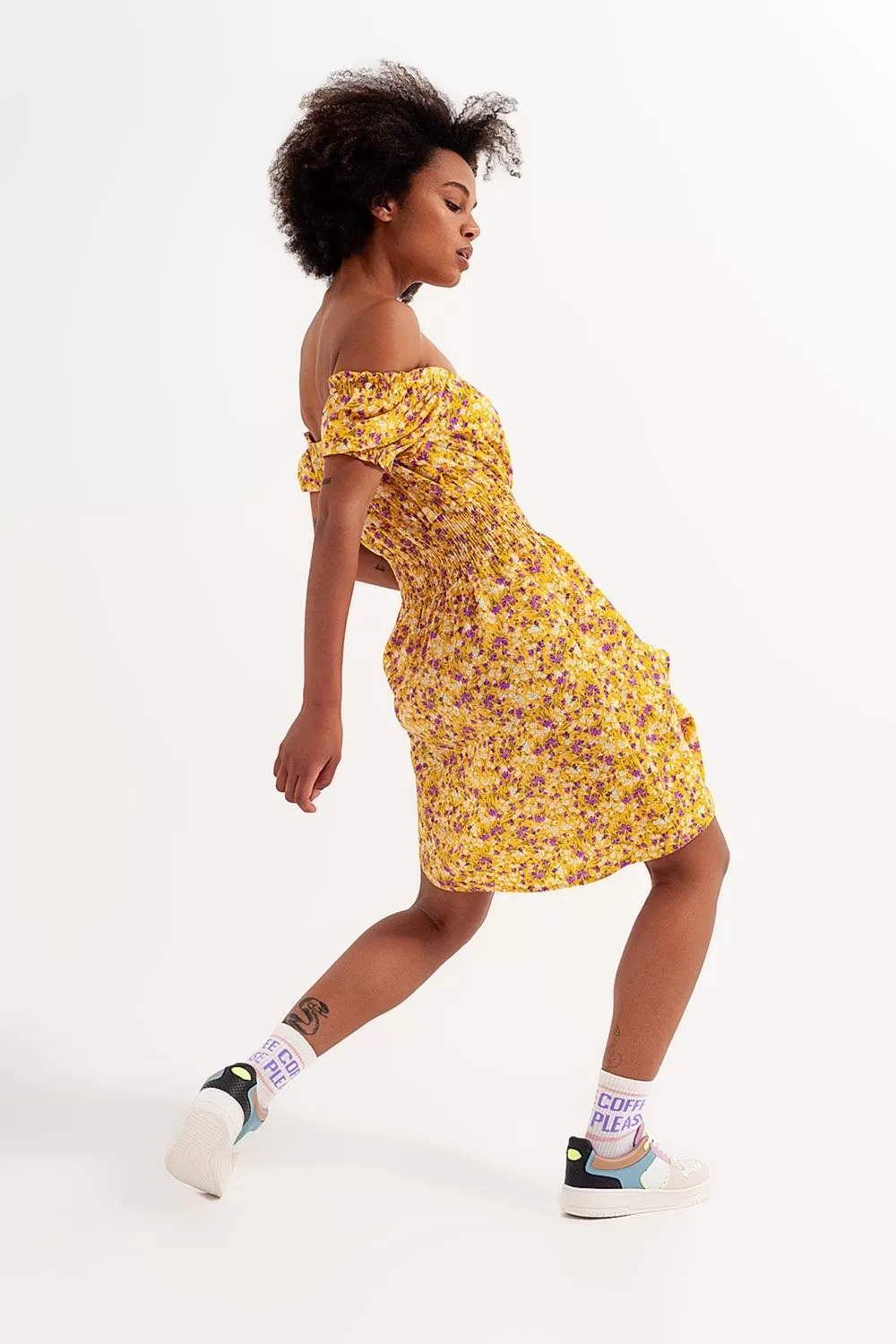 Mini Dress with Shirred Detail in Yellow Ditsy Floral Print